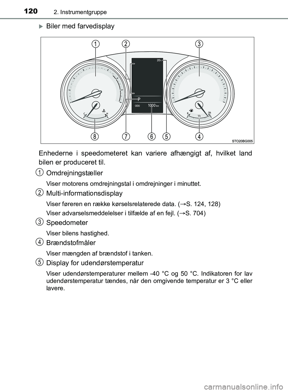 TOYOTA C-HR 2016  Brugsanvisning (in Danish) 1202. Instrumentgruppe
OM10528DK_C-HR
Biler med farvedisplay
Enhederne i speedometeret kan variere afhængigt af, hvilket land
bilen er produceret til. Omdrejningstæller
Viser motorens omdrejnings