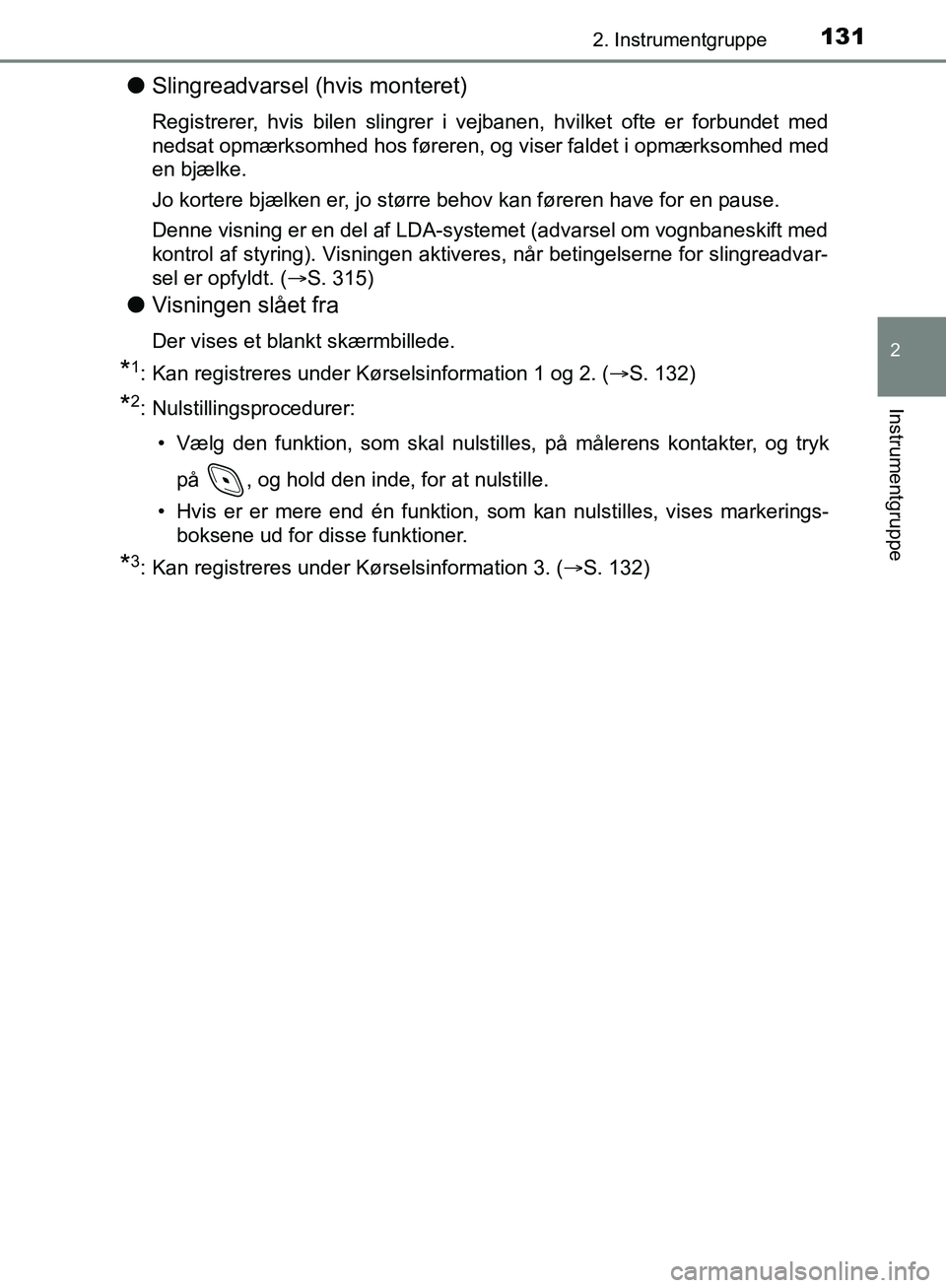TOYOTA C-HR 2016 Brugsanvisning (in Danish) 1312. Instrumentgruppe
2
Instrumentgruppe
OM10528DK_C-HR
lSlingreadvarsel (hvis monteret)
Registrerer, hvis bilen slingrer i vejbanen, hvilket ofte er forbundet med
nedsat opmærksomhed hos føreren, TOYOTA C-HR 2016 Brugsanvisning (in Danish) 1312. Instrumentgruppe
2
Instrumentgruppe
OM10528DK_C-HR
lSlingreadvarsel (hvis monteret)
Registrerer, hvis bilen slingrer i vejbanen, hvilket ofte er forbundet med
nedsat opmærksomhed hos føreren,