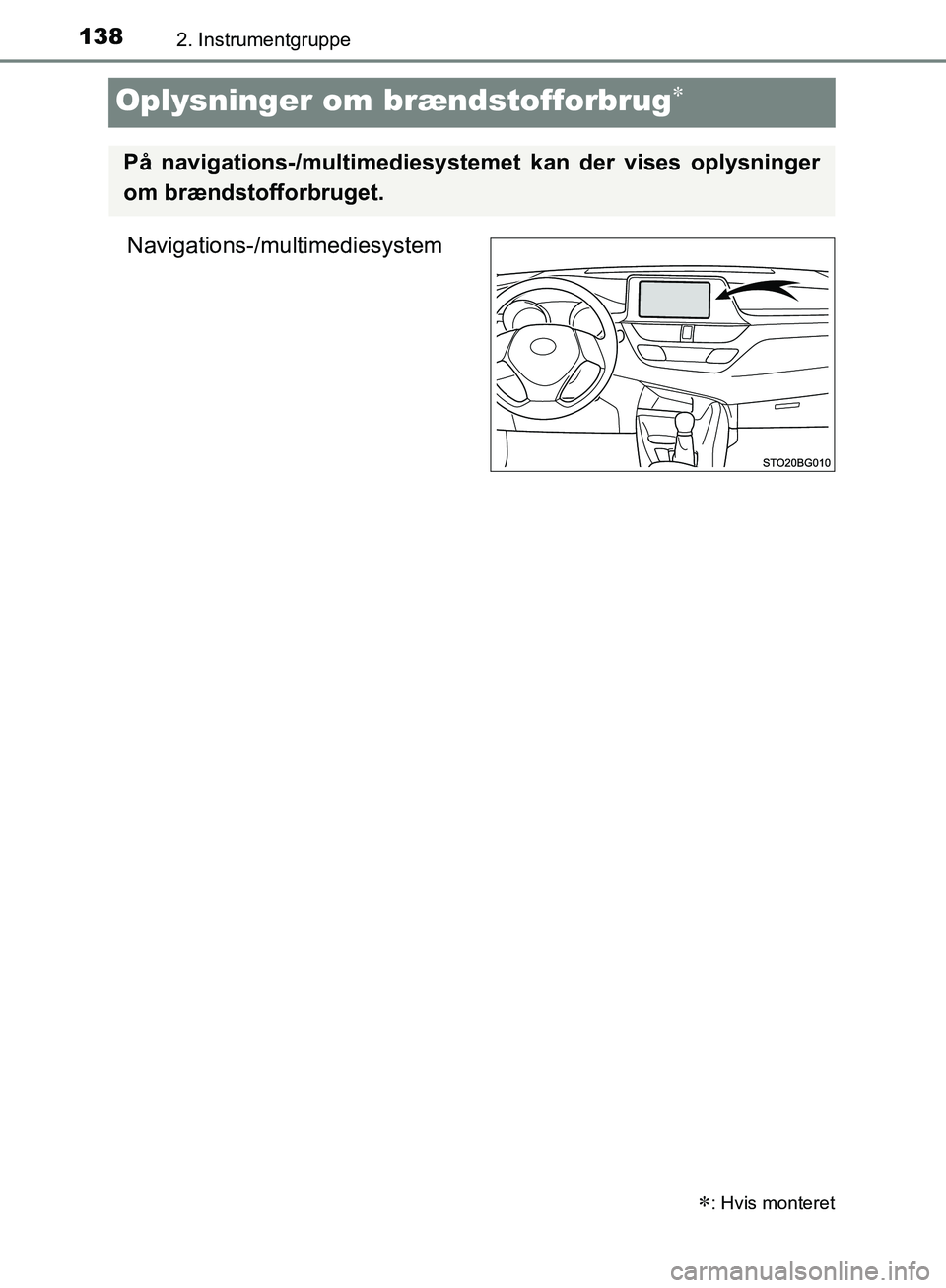TOYOTA C-HR 2016 Brugsanvisning (in Danish) 1382. Instrumentgruppe
OM10528DK_C-HR
Oplysninger om brændstofforbrug
Navigations-/multimediesystem
: Hvis monteret
På navigations-/multimediesystemet kan der vises oplysninger
om brændstoffo TOYOTA C-HR 2016 Brugsanvisning (in Danish) 1382. Instrumentgruppe
OM10528DK_C-HR
Oplysninger om brændstofforbrug
Navigations-/multimediesystem
: Hvis monteret
På navigations-/multimediesystemet kan der vises oplysninger
om brændstoffo