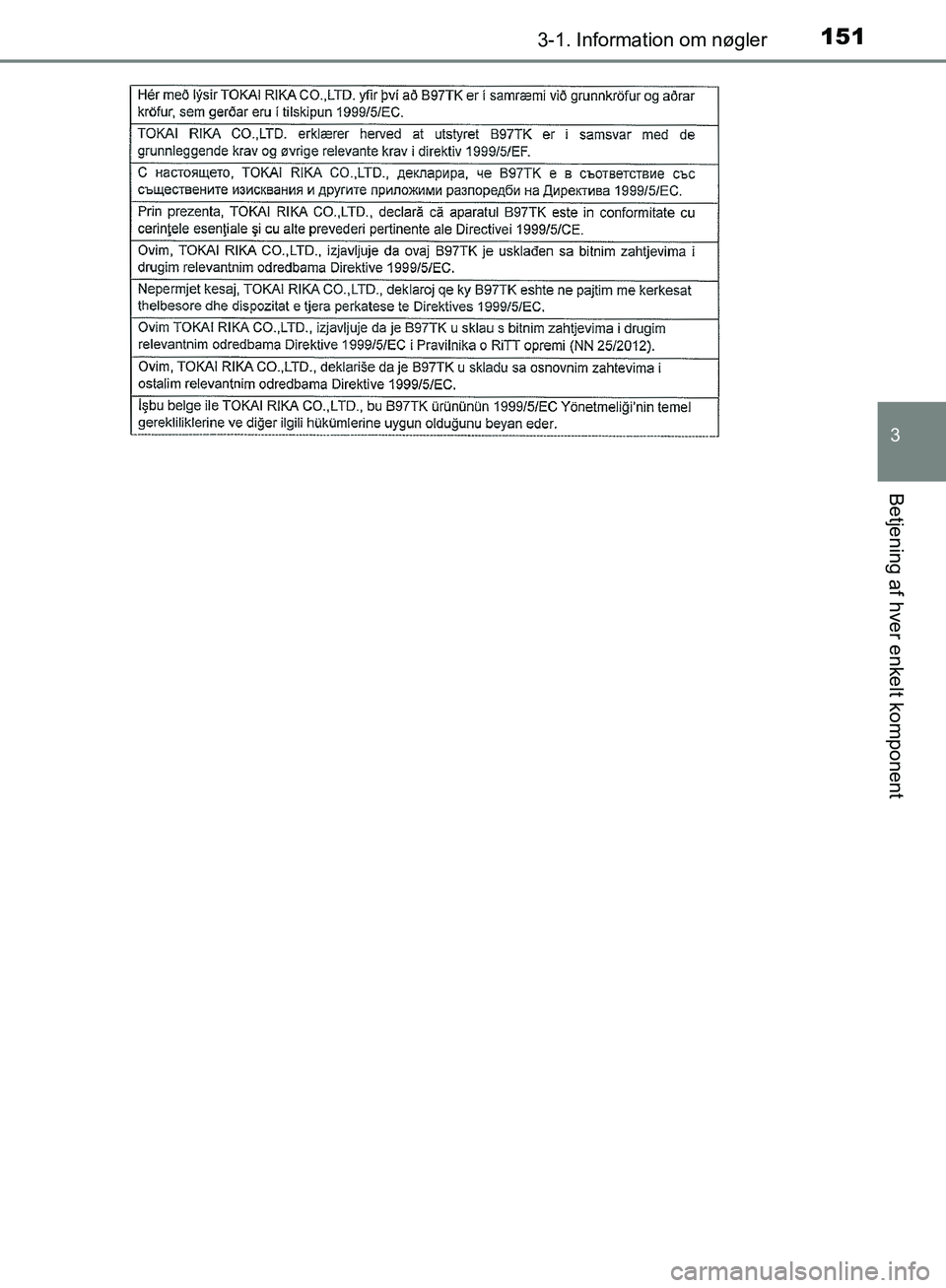 TOYOTA C-HR 2016  Brugsanvisning (in Danish) 1513-1. Information om nøgler
3
Betjening af hver enkelt komponent
OM10528DK_C-HR
OM10528DK.book  Page 151  Tuesday, December 6, 2016  12:29 PM 