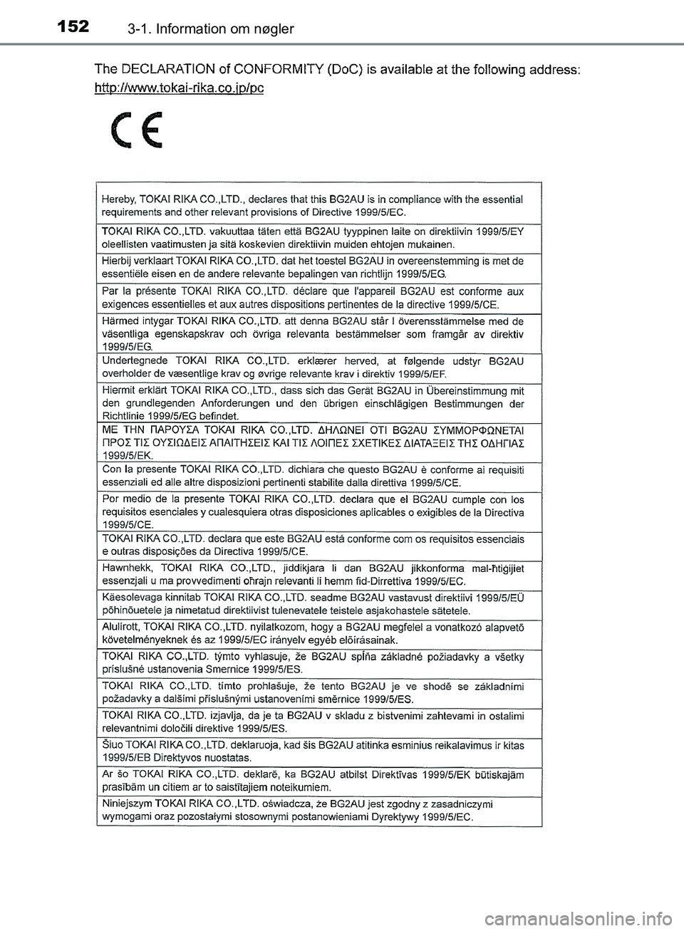 TOYOTA C-HR 2016  Brugsanvisning (in Danish) 1523-1. Information om nøgler
OM10528DK_C-HR
OM10528DK.book  Page 152  Tuesday, December 6, 2016  12:29 PM 