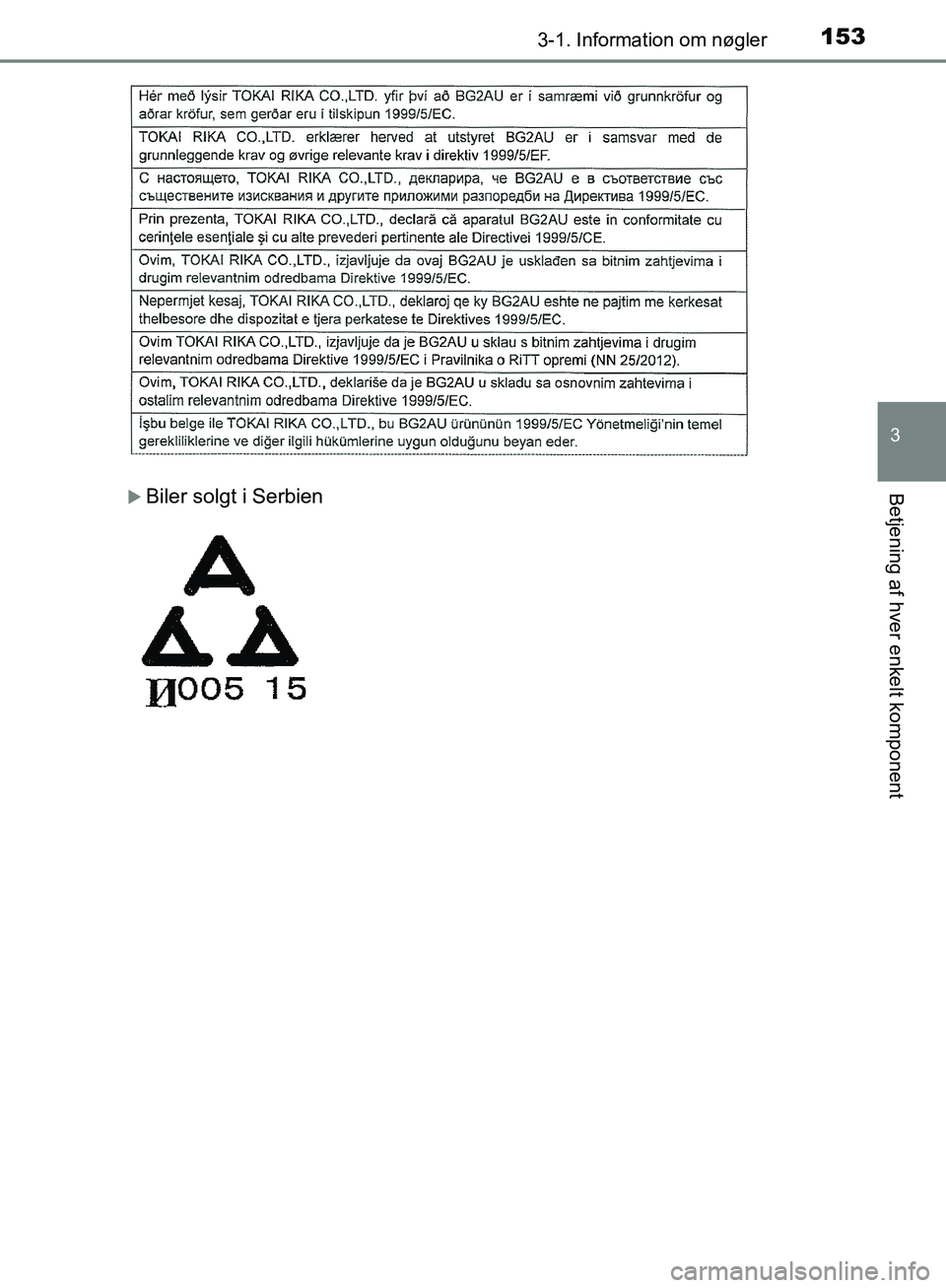 TOYOTA C-HR 2016  Brugsanvisning (in Danish) 1533-1. Information om nøgler
3
Betjening af hver enkelt komponent
OM10528DK_C-HR
Biler solgt i Serbien
OM10528DK.book  Page 153  Tuesday, December 6, 2016  12:29 PM 