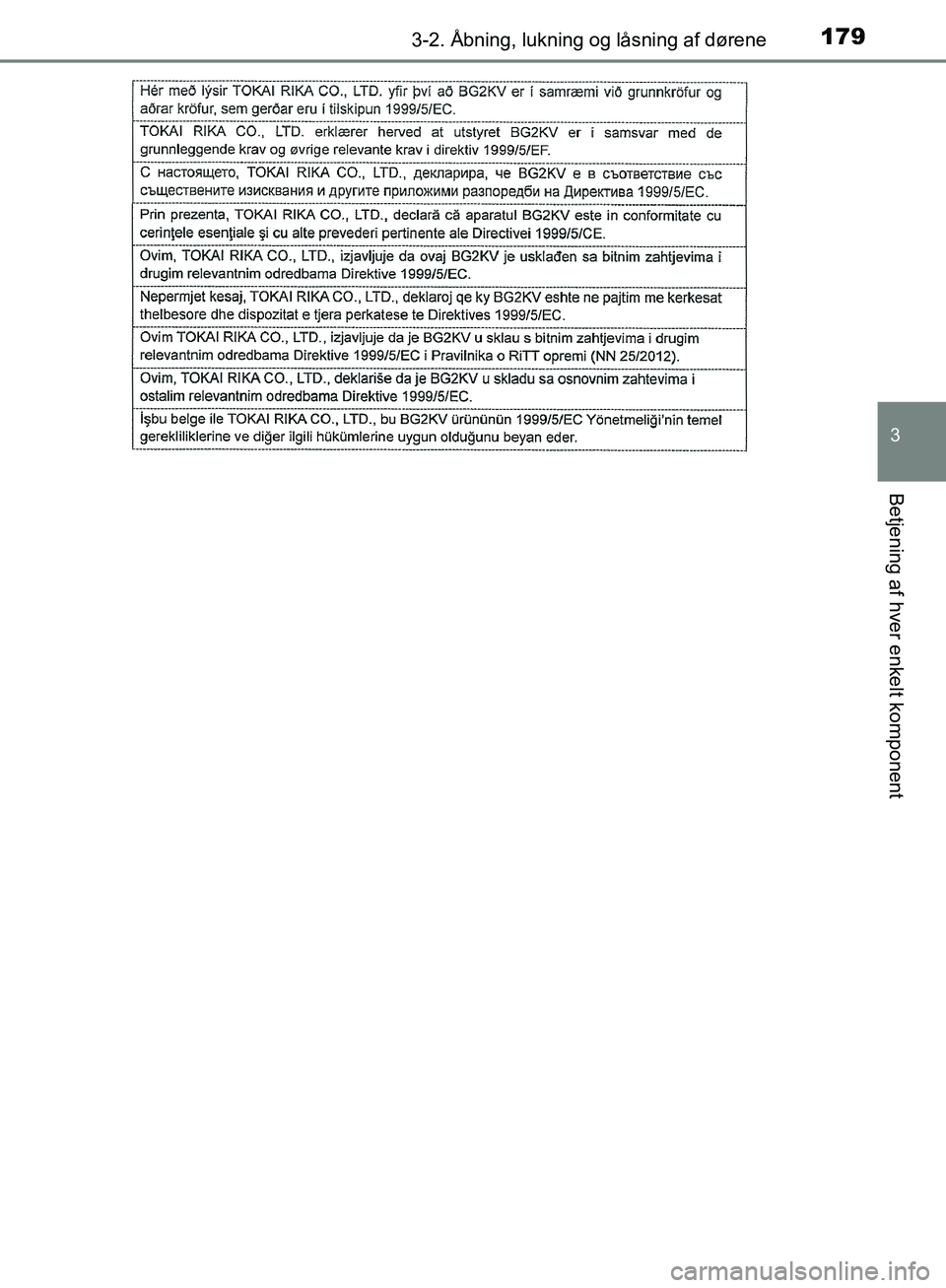 TOYOTA C-HR 2017 Brugsanvisning (in Danish) 1793-2. Åbning, lukning og låsning af dørene
3
Betjening af hver enkelt komponent
OM10528DK_C-HR
OM10528DK.book Page 179 Tuesday, December 6, 2016 12:29 PM TOYOTA C-HR 2017 Brugsanvisning (in Danish) 1793-2. Åbning, lukning og låsning af dørene
3
Betjening af hver enkelt komponent
OM10528DK_C-HR
OM10528DK.book Page 179 Tuesday, December 6, 2016 12:29 PM