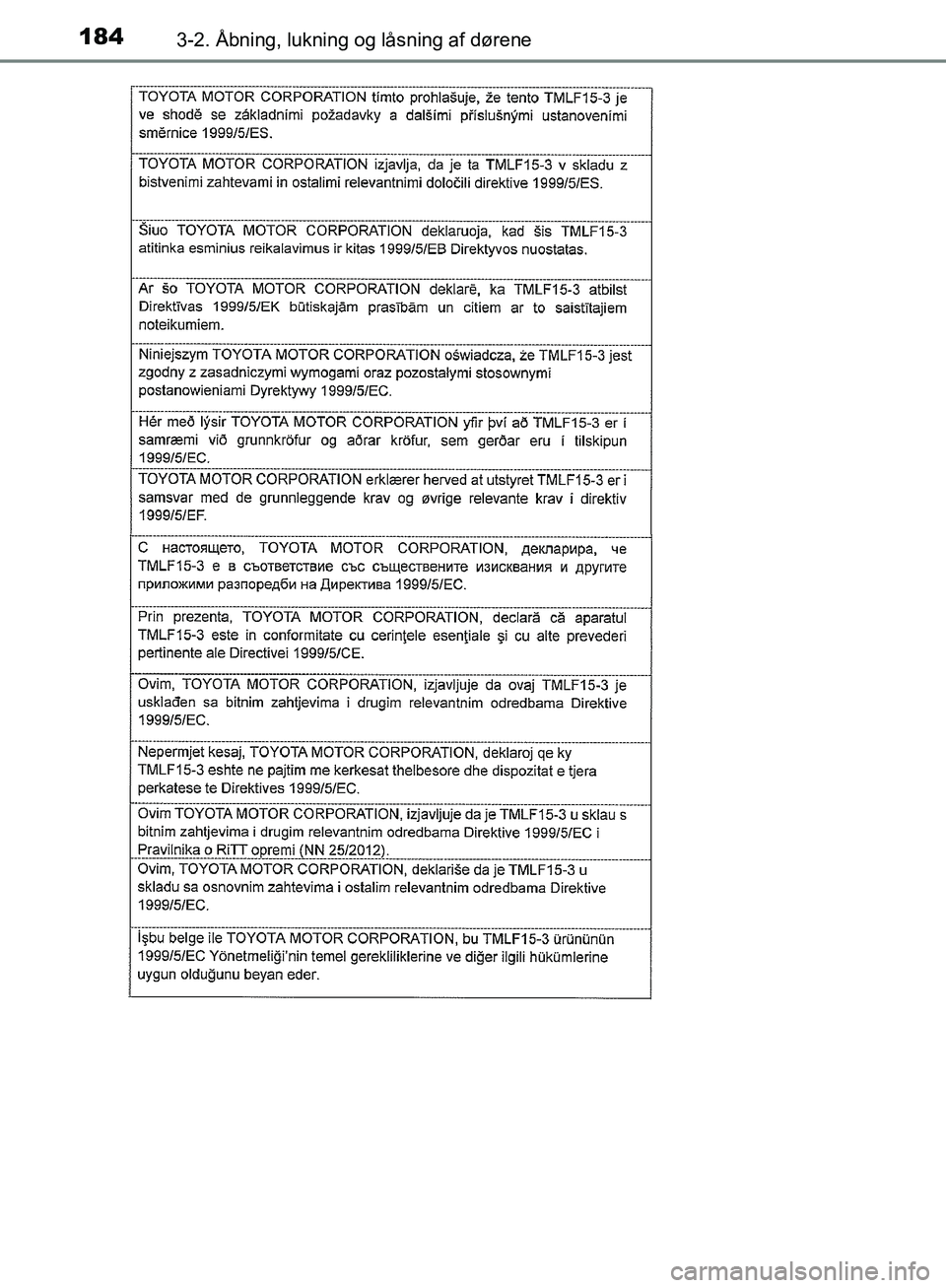 TOYOTA C-HR 2017  Brugsanvisning (in Danish) 1843-2. Åbning, lukning og låsning af dørene
OM10528DK_C-HR
OM10528DK.book  Page 184  Tuesday, December 6, 2016  12:29 PM 