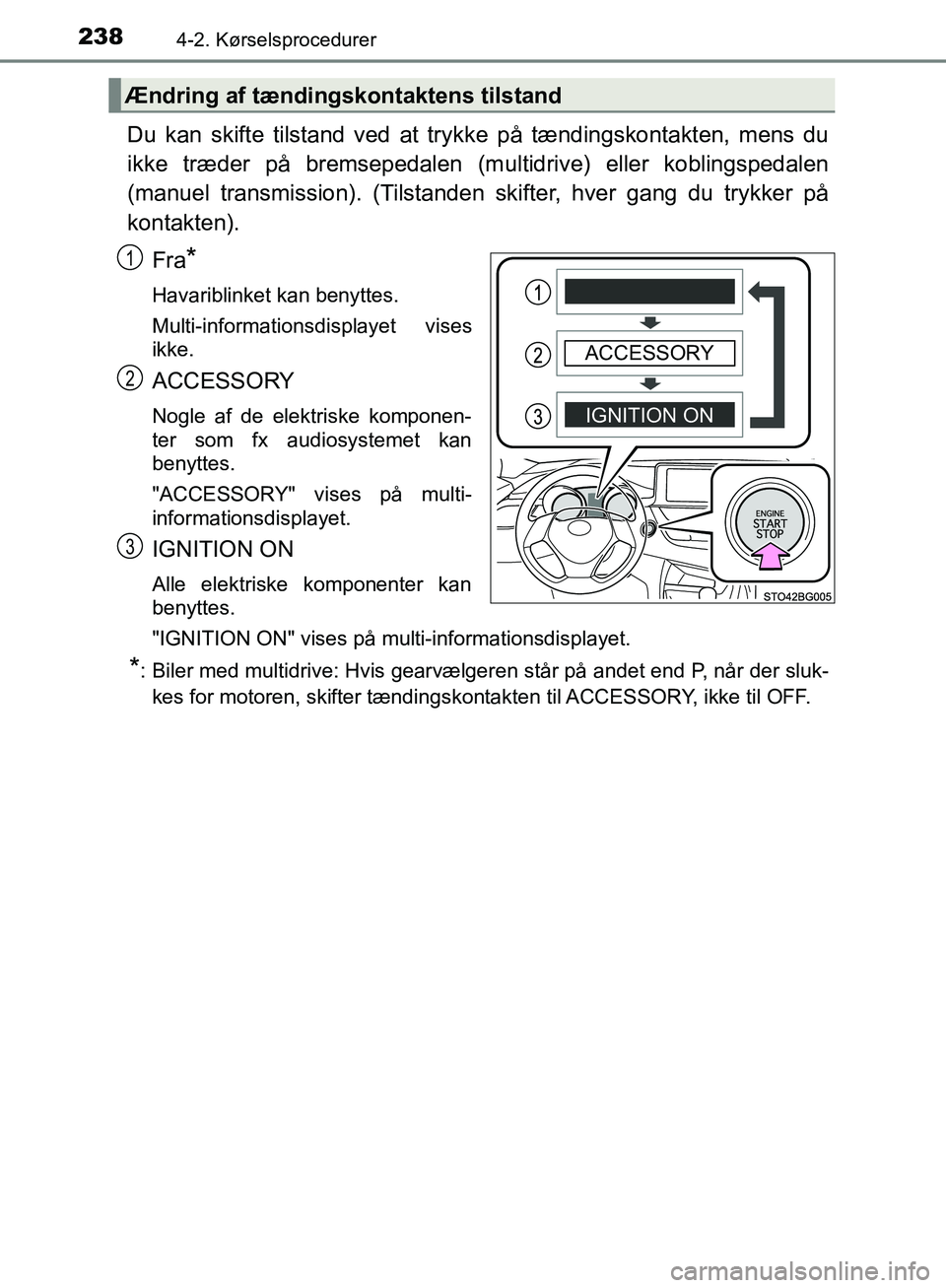TOYOTA C-HR 2016 Brugsanvisning (in Danish) 2384-2. Kørselsprocedurer
OM10528DK_C-HR
Du kan skifte tilstand ved at trykke på tændingskontakten, mens du
ikke træder på bremsepedalen (multidrive) eller koblingspedalen
(manuel transmission). TOYOTA C-HR 2016 Brugsanvisning (in Danish) 2384-2. Kørselsprocedurer
OM10528DK_C-HR
Du kan skifte tilstand ved at trykke på tændingskontakten, mens du
ikke træder på bremsepedalen (multidrive) eller koblingspedalen
(manuel transmission).