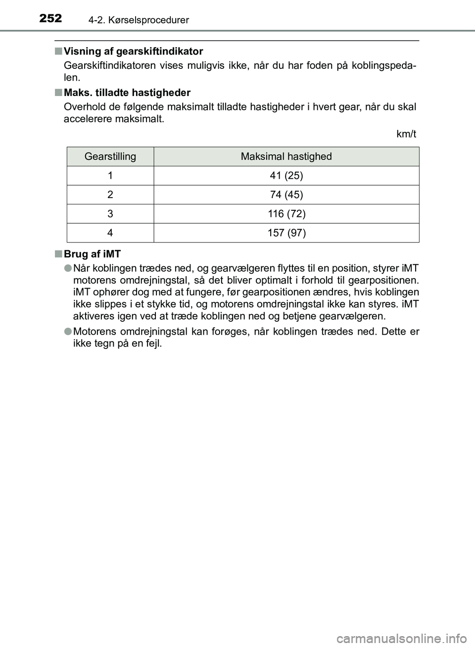 TOYOTA C-HR 2016  Brugsanvisning (in Danish) 2524-2. Kørselsprocedurer
OM10528DK_C-HR
nVisning af gearskiftindikator
Gearskiftindikatoren vises muligvis ikke, når du har foden på koblingspeda-
len.
n Maks. tilladte hastigheder
Overhold de fø