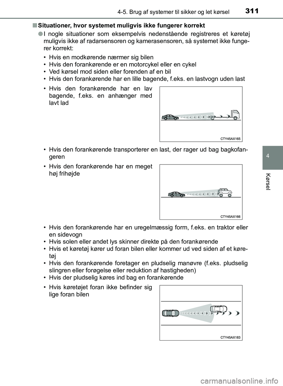 TOYOTA C-HR 2017 Brugsanvisning (in Danish) 3114-5. Brug af systemer til sikker og let kørsel
4
Kørsel
OM10528DK_C-HRn
Situationer, hvor systemet muligvis ikke fungerer korrekt
lI nogle situationer som eksempelvis nedenstående registreres et TOYOTA C-HR 2017 Brugsanvisning (in Danish) 3114-5. Brug af systemer til sikker og let kørsel
4
Kørsel
OM10528DK_C-HRn
Situationer, hvor systemet muligvis ikke fungerer korrekt
lI nogle situationer som eksempelvis nedenstående registreres et