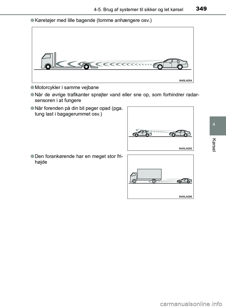 TOYOTA C-HR 2017 Brugsanvisning (in Danish) 3494-5. Brug af systemer til sikker og let kørsel
4
Kørsel
OM10528DK_C-HRl
Køretøjer med lille bagende (tomme anhængere osv.)
l Motorcykler i samme vejbane
l Når de øvrige trafikanter sprøjter TOYOTA C-HR 2017 Brugsanvisning (in Danish) 3494-5. Brug af systemer til sikker og let kørsel
4
Kørsel
OM10528DK_C-HRl
Køretøjer med lille bagende (tomme anhængere osv.)
l Motorcykler i samme vejbane
l Når de øvrige trafikanter sprøjter
