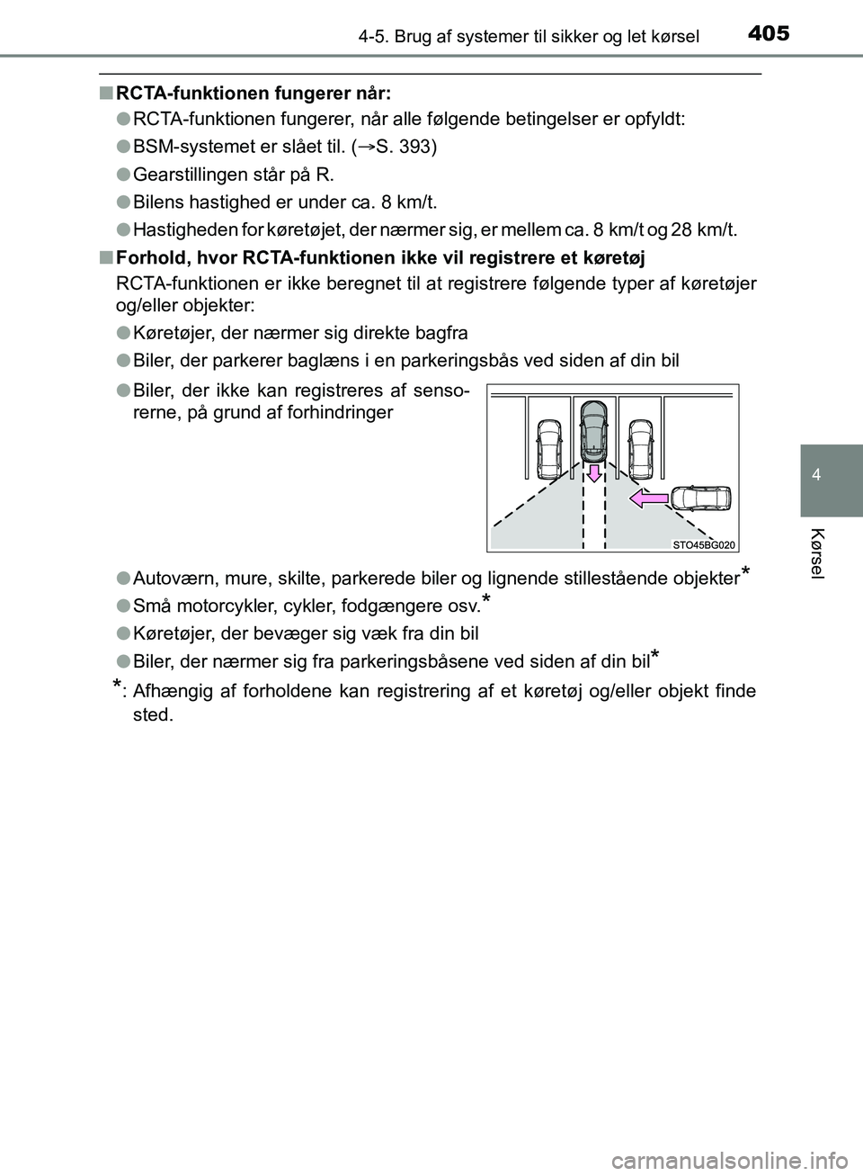 TOYOTA C-HR 2016  Brugsanvisning (in Danish) 4054-5. Brug af systemer til sikker og let kørsel
4
Kørsel
OM10528DK_C-HR
nRCTA-funktionen fungerer når:
lRCTA-funktionen fungerer, når alle følgende betingelser er opfyldt:
l BSM-systemet er sl