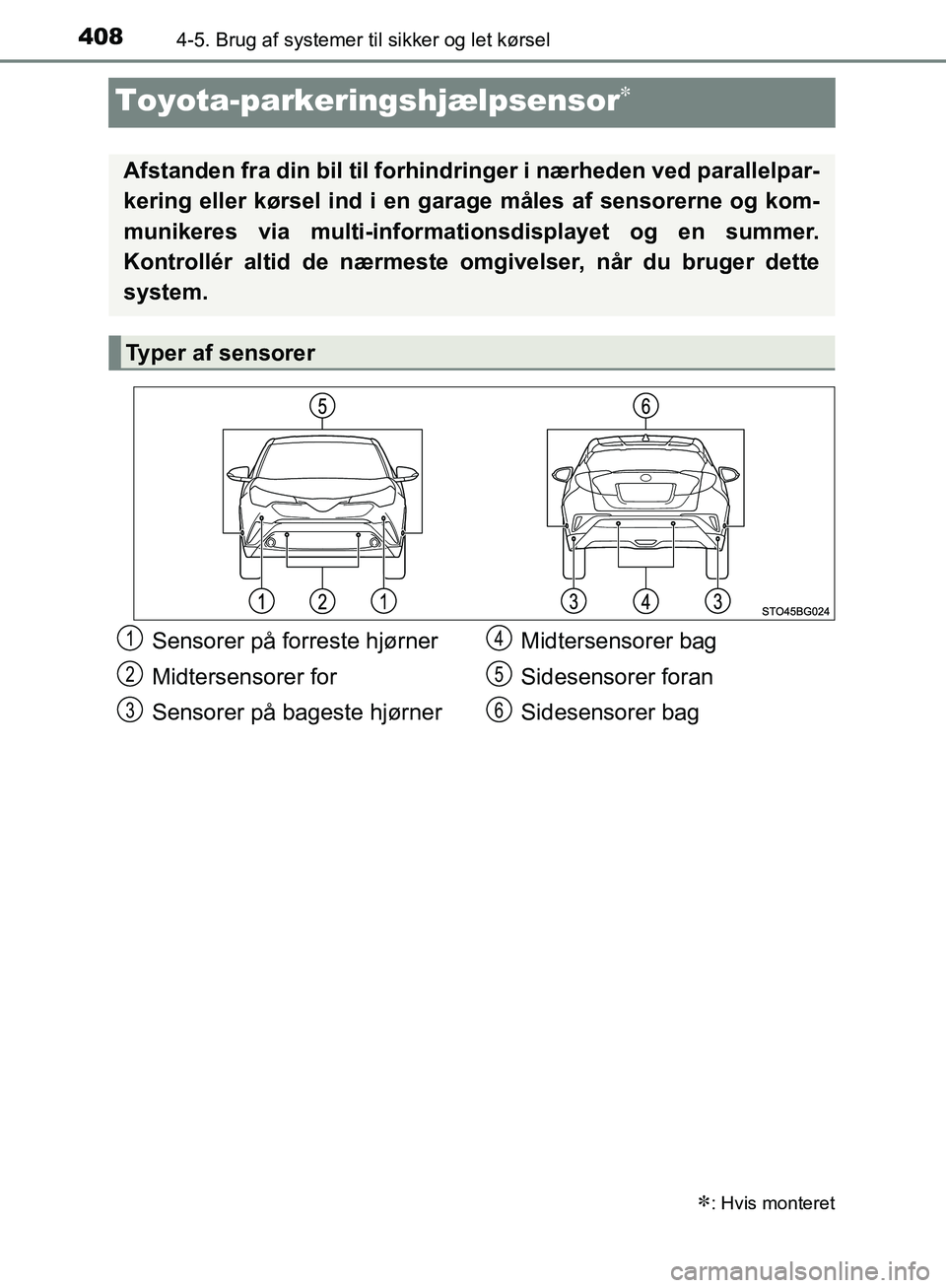 TOYOTA C-HR 2017 Brugsanvisning (in Danish) 4084-5. Brug af systemer til sikker og let kørsel
OM10528DK_C-HR
Toyota-parkeringshjælpsensor
: Hvis monteret
Afstanden fra din bil ti l forhindringer i nærheden ved parallelpar-
kering eller TOYOTA C-HR 2017 Brugsanvisning (in Danish) 4084-5. Brug af systemer til sikker og let kørsel
OM10528DK_C-HR
Toyota-parkeringshjælpsensor
: Hvis monteret
Afstanden fra din bil ti l forhindringer i nærheden ved parallelpar-
kering eller