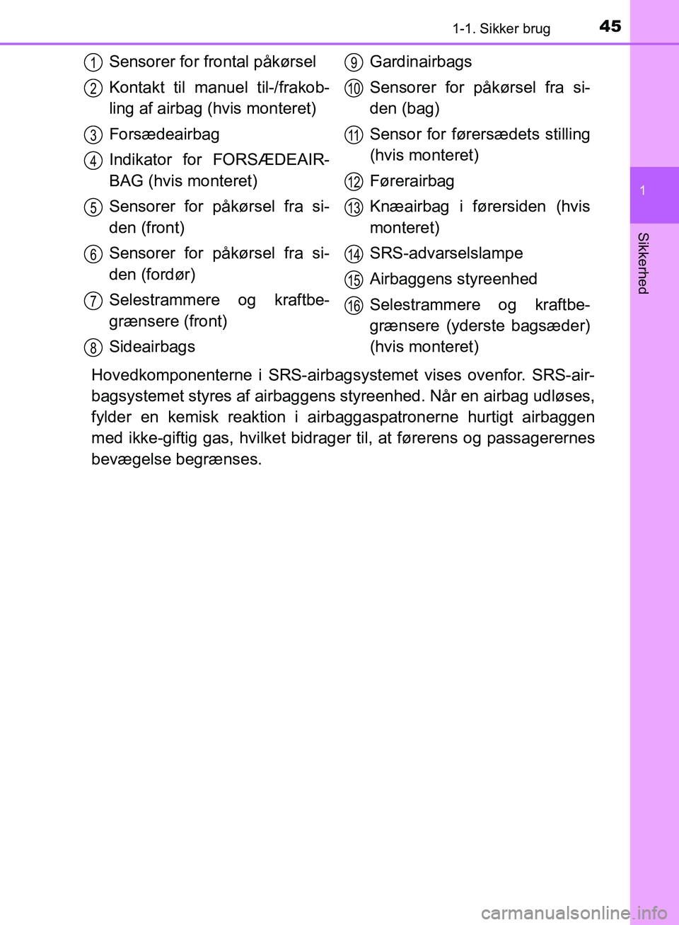 TOYOTA C-HR 2017  Brugsanvisning (in Danish) 451-1. Sikker brug
1
Sikkerhed
OM10528DK_C-HR
Hovedkomponenterne i SRS-airbagsystemet vises ovenfor. SRS-air-
bagsystemet styres af  airbaggens styreenhed. Når en airbag udløses,
fylder en kemisk re