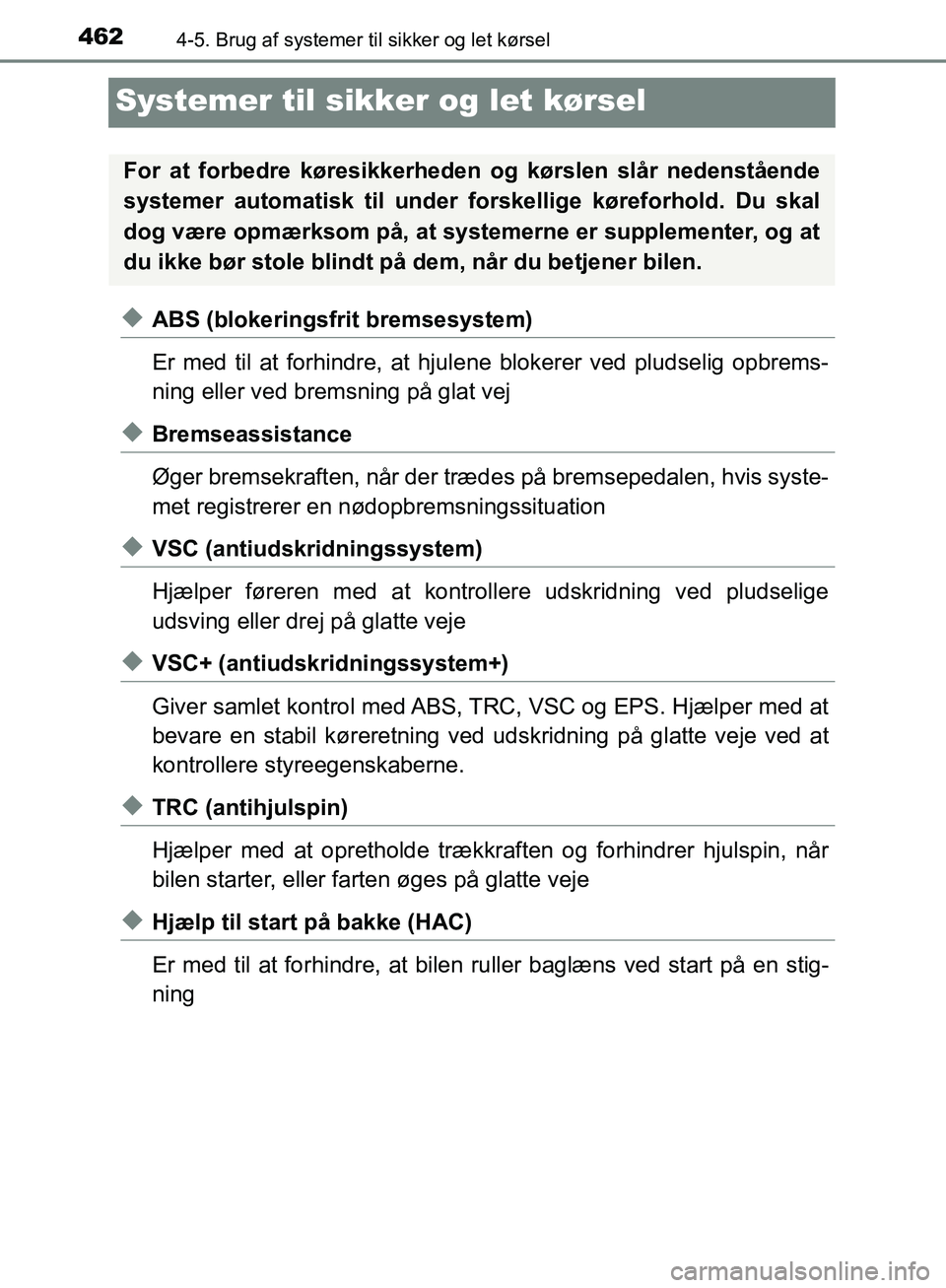 TOYOTA C-HR 2016 Brugsanvisning (in Danish) 4624-5. Brug af systemer til sikker og let kørsel
OM10528DK_C-HR
Systemer til sikker og let kørsel
uABS (blokeringsfrit bremsesystem)
Er med til at forhindre, at hjul ene blokerer ved pludselig opbr TOYOTA C-HR 2016 Brugsanvisning (in Danish) 4624-5. Brug af systemer til sikker og let kørsel
OM10528DK_C-HR
Systemer til sikker og let kørsel
uABS (blokeringsfrit bremsesystem)
Er med til at forhindre, at hjul ene blokerer ved pludselig opbr