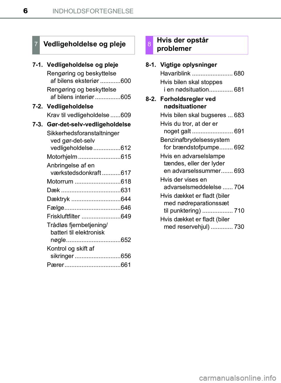 TOYOTA C-HR 2016 Brugsanvisning (in Danish) INDHOLDSFORTEGNELSE6
OM10528DK_C-HR7-1. Vedligeholdelse og pleje
Rengøring og beskyttelse af bilens eksteriør ............600
Rengøring og beskyttelse af bilens interiør ...............605
7-2. V TOYOTA C-HR 2016 Brugsanvisning (in Danish) INDHOLDSFORTEGNELSE6
OM10528DK_C-HR7-1. Vedligeholdelse og pleje
Rengøring og beskyttelse af bilens eksteriør ............600
Rengøring og beskyttelse af bilens interiør ...............605
7-2. V