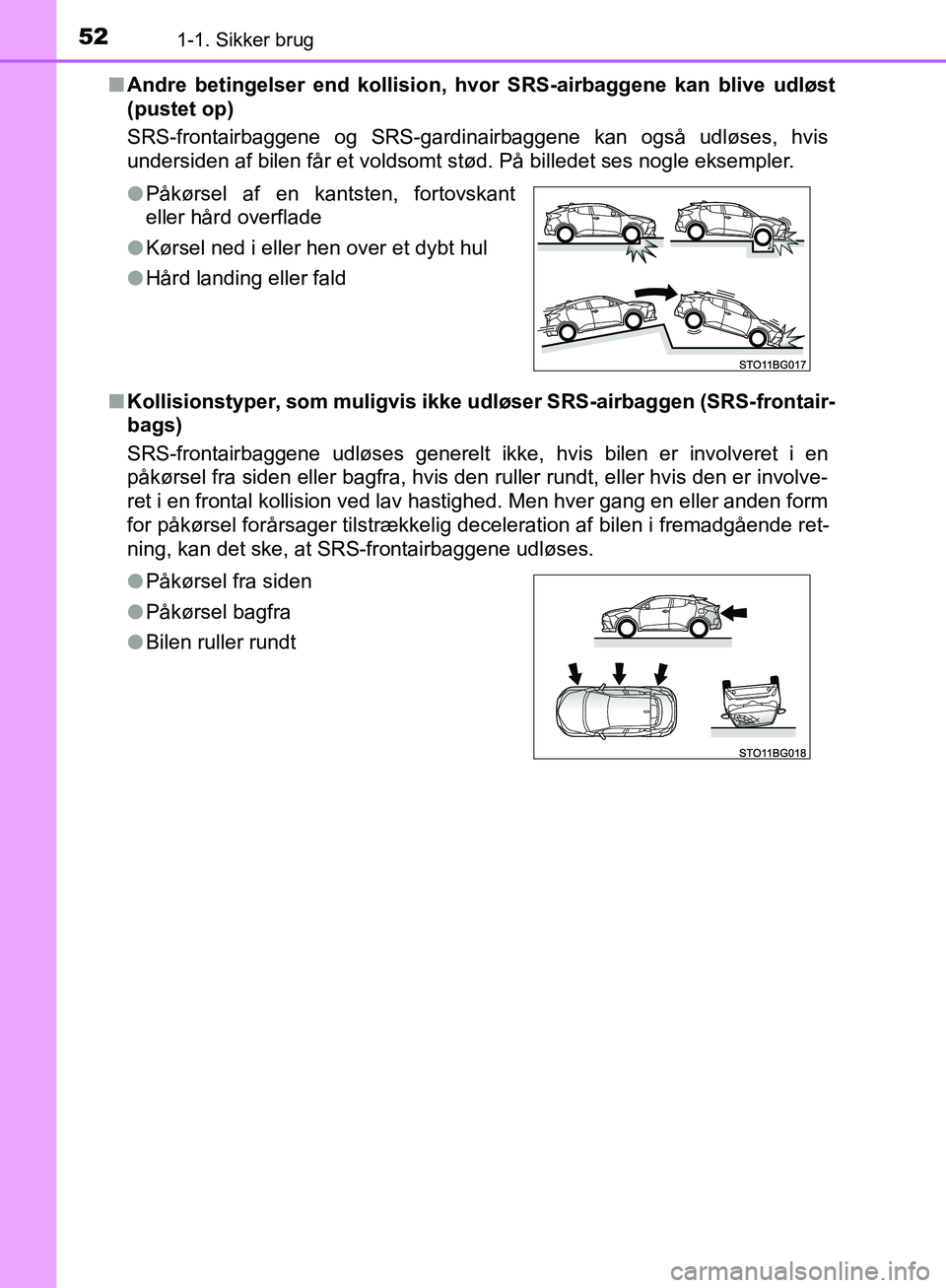 TOYOTA C-HR 2016  Brugsanvisning (in Danish) 521-1. Sikker brug
OM10528DK_C-HRn
Andre betingelser end kollision, hv or SRS-airbaggene kan blive udløst
(pustet op)
SRS-frontairbaggene og SRS-gardinairbaggene kan også udløses, hvis
undersiden a