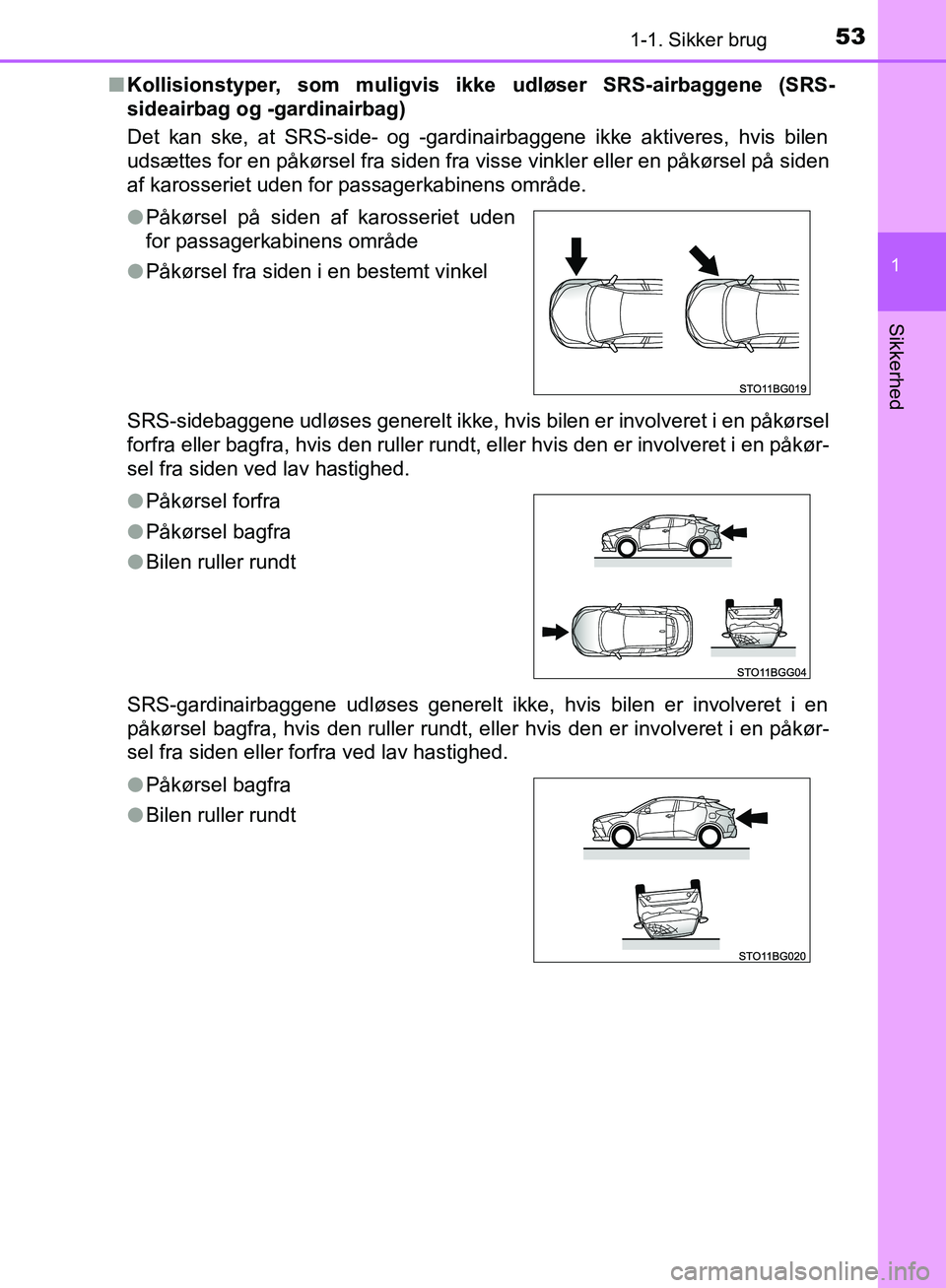 TOYOTA C-HR 2016  Brugsanvisning (in Danish) 531-1. Sikker brug
1
Sikkerhed
OM10528DK_C-HRn
Kollisionstyper, som muligvis ikke udløser SRS-airbaggene (SRS-
sideairbag og -gardinairbag)
Det kan ske, at SRS-side- og -gardinairbaggene ikke aktiver