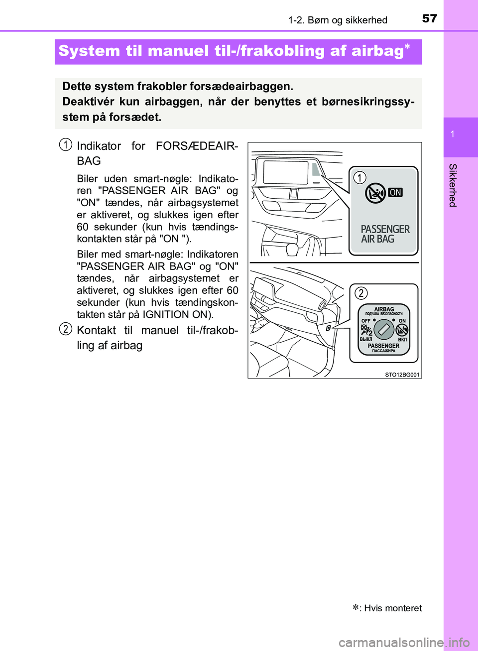 TOYOTA C-HR 2016  Brugsanvisning (in Danish) 571-2. Børn og sikkerhed
1
Sikkerhed
OM10528DK_C-HR
System til manuel til-/frakobling af airbag
Indikator for FORSÆDEAIR-
BAG
Biler uden smart-nøgle: Indikato-
ren "PASSENGER AIR BAG" og
"ON" t
