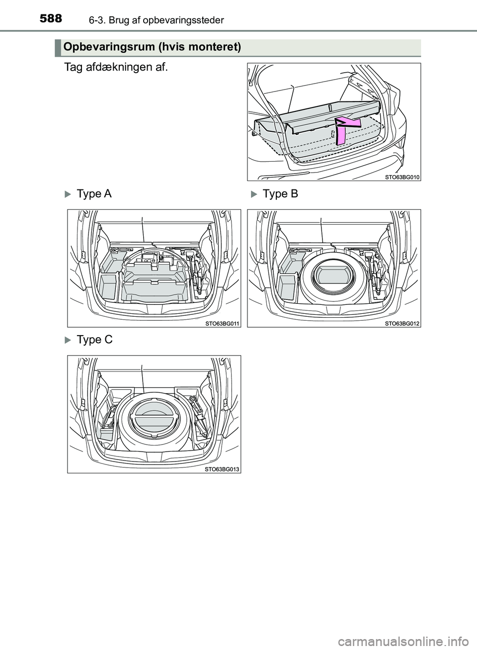 TOYOTA C-HR 2016  Brugsanvisning (in Danish) 5886-3. Brug af opbevaringssteder
OM10528DK_C-HR
Tag afdækningen af.
Opbevaringsrum (hvis monteret)
Ty p e  AType B
Ty p e  C
OM10528DK.book  Page 588  Tuesday, December 6, 2016  12:29 PM 