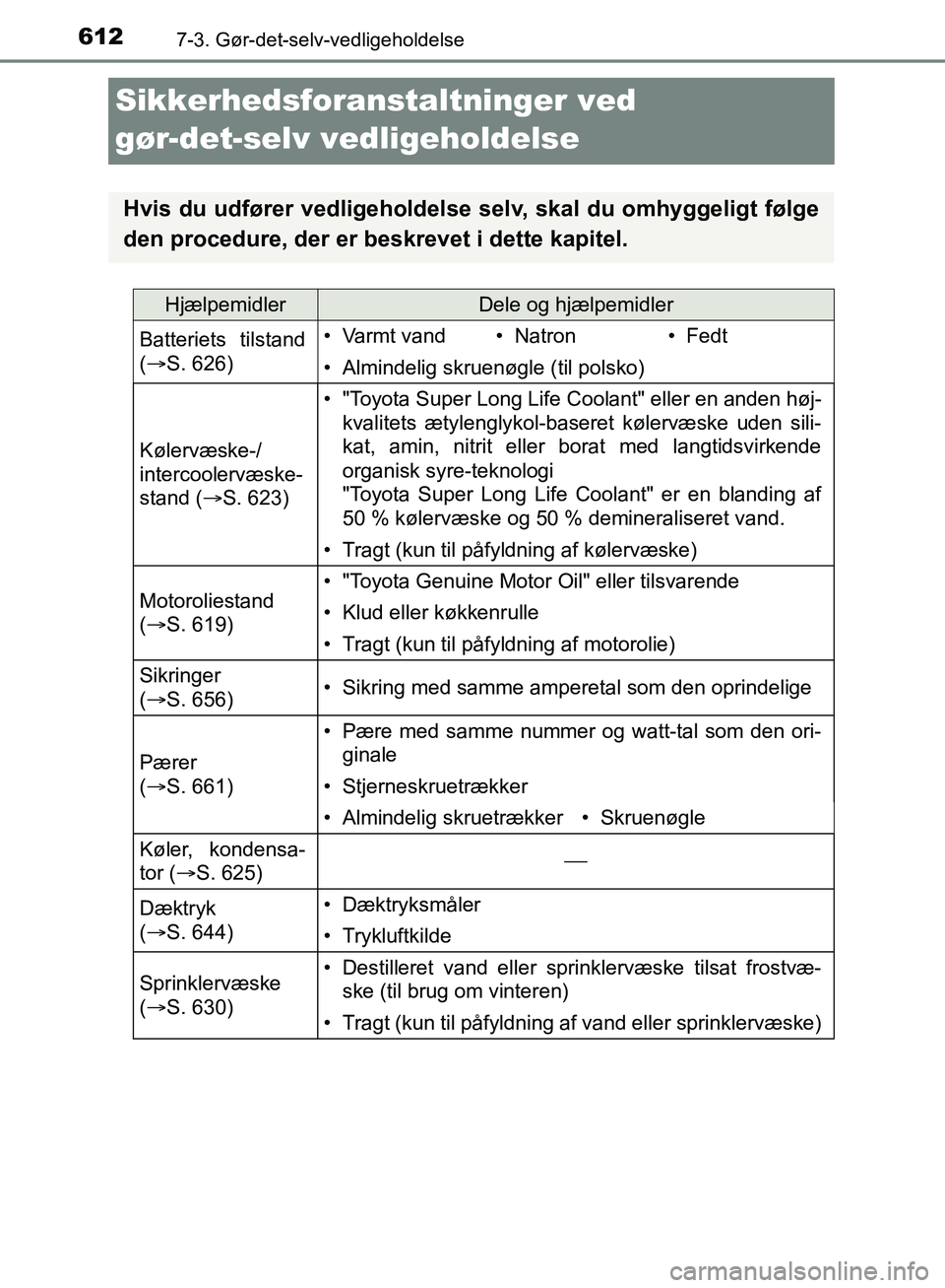 TOYOTA C-HR 2016 Brugsanvisning (in Danish) 6127-3. Gør-det-selv-vedligeholdelse
OM10528DK_C-HR
Sikkerhedsforanstaltninger ved
gør-det-selv vedligeholdelse
Hvis du udfører vedligeholdelse selv, skal du omhyggeligt følge
den procedure, der TOYOTA C-HR 2016 Brugsanvisning (in Danish) 6127-3. Gør-det-selv-vedligeholdelse
OM10528DK_C-HR
Sikkerhedsforanstaltninger ved
gør-det-selv vedligeholdelse
Hvis du udfører vedligeholdelse selv, skal du omhyggeligt følge
den procedure, der
