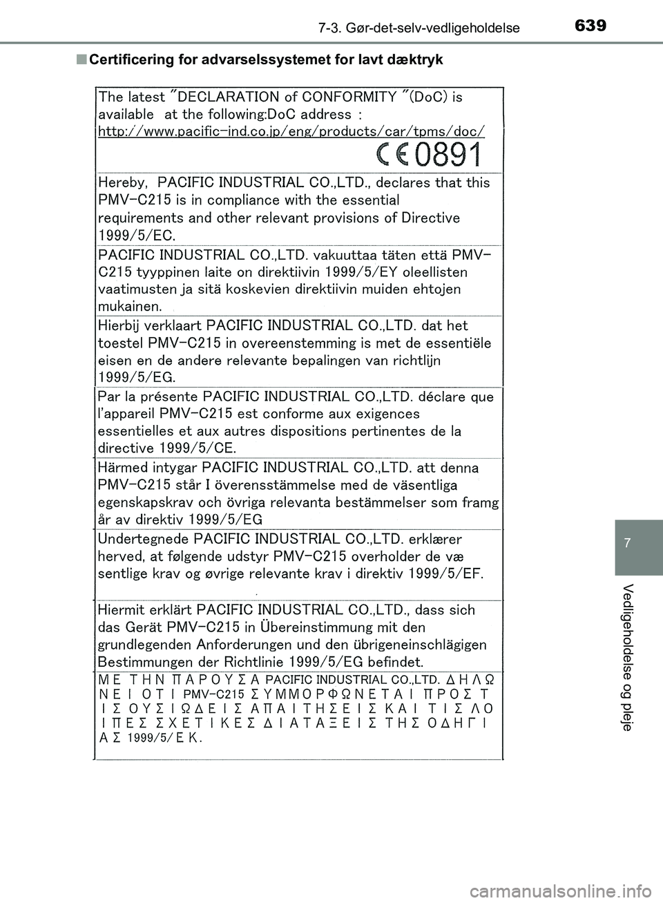 TOYOTA C-HR 2016 Brugsanvisning (in Danish) 6397-3. Gør-det-selv-vedligeholdelse
7
Vedligeholdelse og pleje
OM10528DK_C-HRn
Certificering for advarselssystemet for lavt dæktryk
OM10528DK.book Page 639 Tuesday, December 6, 2016 12:29 PM TOYOTA C-HR 2016 Brugsanvisning (in Danish) 6397-3. Gør-det-selv-vedligeholdelse
7
Vedligeholdelse og pleje
OM10528DK_C-HRn
Certificering for advarselssystemet for lavt dæktryk
OM10528DK.book Page 639 Tuesday, December 6, 2016 12:29 PM