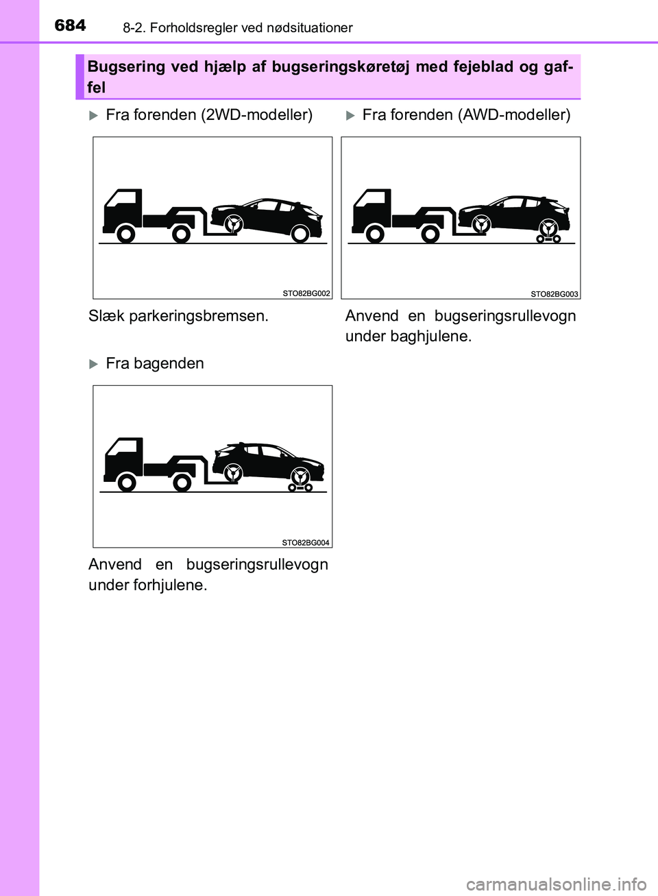 TOYOTA C-HR 2016 Brugsanvisning (in Danish) 6848-2. Forholdsregler ved nødsituationer
OM10528DK_C-HR
Bugsering ved hjælp af bugseringskøretøj med fejeblad og gaf-
fel
Fra forenden (2WD-modeller)Fra forenden (AWD-modeller)
Slæk parker TOYOTA C-HR 2016 Brugsanvisning (in Danish) 6848-2. Forholdsregler ved nødsituationer
OM10528DK_C-HR
Bugsering ved hjælp af bugseringskøretøj med fejeblad og gaf-
fel
Fra forenden (2WD-modeller)Fra forenden (AWD-modeller)
Slæk parker