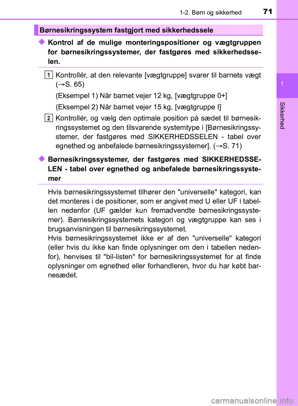TOYOTA C-HR 2016  Brugsanvisning (in Danish) 711-2. Børn og sikkerhed
1
Sikkerhed
OM10528DK_C-HR
uKontrol af de mulige monteringspositioner og vægtgruppen
for børnesikringssystemer, der fastgøres med sikkerhedsse-
len.
Kontrollér, at den re