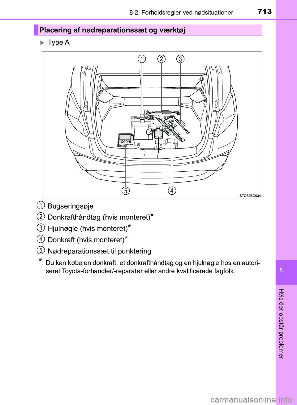TOYOTA C-HR 2017  Brugsanvisning (in Danish) 7138-2. Forholdsregler ved nødsituationer
8
Hvis der opstår problemer
OM10528DK_C-HR
Ty p e  A
Bugseringsøje
Donkrafthåndtag (hvis monteret)
*
Hjulnøgle (hvis monteret)*
Donkraft (hvis montere