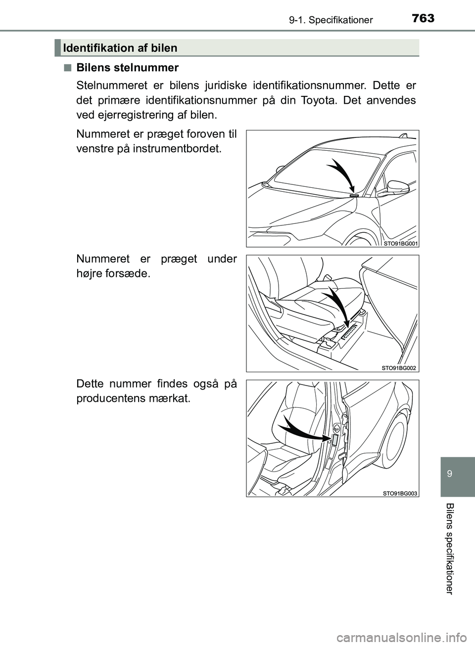 TOYOTA C-HR 2016 Brugsanvisning (in Danish) 7639-1. Specifikationer
9
Bilens specifikationer
OM10528DK_C-HRn
Bilens stelnummer
Stelnummeret er bilens juridiske identifikationsnummer. Dette er
det primære identifikationsnummer på din Toyota. D TOYOTA C-HR 2016 Brugsanvisning (in Danish) 7639-1. Specifikationer
9
Bilens specifikationer
OM10528DK_C-HRn
Bilens stelnummer
Stelnummeret er bilens juridiske identifikationsnummer. Dette er
det primære identifikationsnummer på din Toyota. D