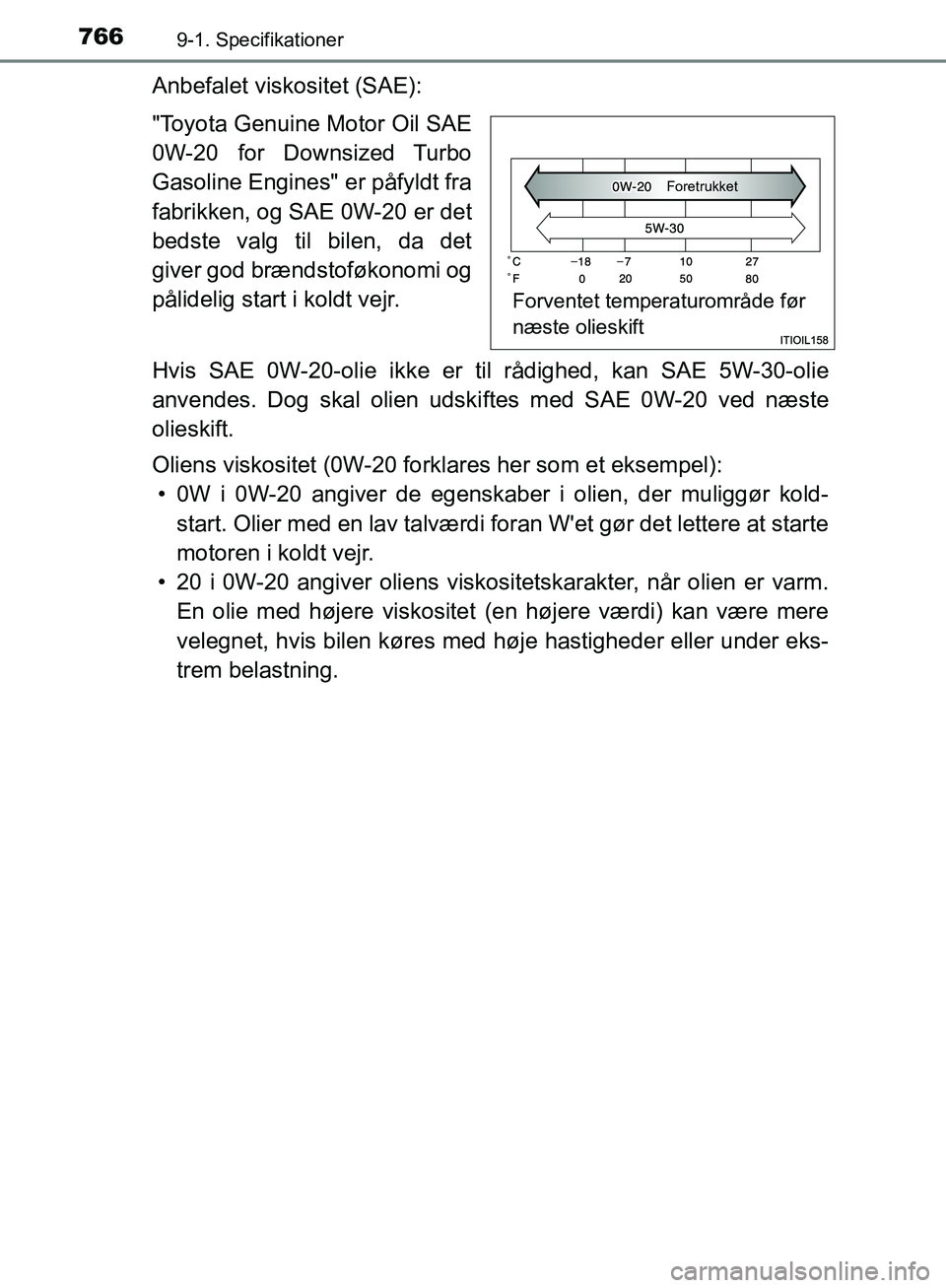 TOYOTA C-HR 2016 Brugsanvisning (in Danish) 7669-1. Specifikationer
OM10528DK_C-HR
Anbefalet viskositet (SAE):
"Toyota Genuine Motor Oil SAE
0W-20 for Downsized Turbo
Gasoline Engines" er påfyldt fra
fabrikken, og SAE 0W-20 er det
bedste valg TOYOTA C-HR 2016 Brugsanvisning (in Danish) 7669-1. Specifikationer
OM10528DK_C-HR
Anbefalet viskositet (SAE):
"Toyota Genuine Motor Oil SAE
0W-20 for Downsized Turbo
Gasoline Engines" er påfyldt fra
fabrikken, og SAE 0W-20 er det
bedste valg