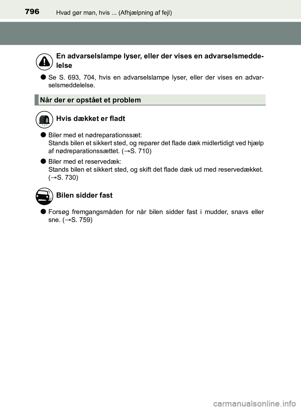 TOYOTA C-HR 2016 Brugsanvisning (in Danish) 796Hvad gør man, hvis ... (Afhjælpning af fejl)
OM10528DK_C-HR
lSe S. 693, 704, hvis en advarselslampe lyser, eller der vises en advar-
selsmeddelelse.
lBiler med et nødreparationssæt:
Stands bile TOYOTA C-HR 2016 Brugsanvisning (in Danish) 796Hvad gør man, hvis ... (Afhjælpning af fejl)
OM10528DK_C-HR
lSe S. 693, 704, hvis en advarselslampe lyser, eller der vises en advar-
selsmeddelelse.
lBiler med et nødreparationssæt:
Stands bile
