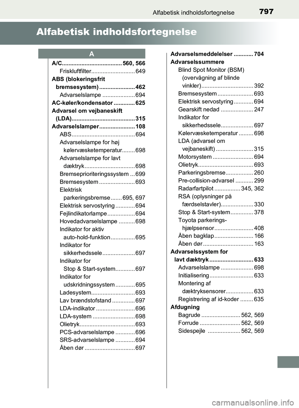 TOYOTA C-HR 2017 Brugsanvisning (in Danish) 797Alfabetisk indholdsfortegnelse
OM10528DK_C-HR
Alfabetisk indholdsfortegnelse
A/C..................................... 560, 566
Friskluftfilter........................... 649
ABS (blokeringsfrit br TOYOTA C-HR 2017 Brugsanvisning (in Danish) 797Alfabetisk indholdsfortegnelse
OM10528DK_C-HR
Alfabetisk indholdsfortegnelse
A/C..................................... 560, 566
Friskluftfilter........................... 649
ABS (blokeringsfrit br