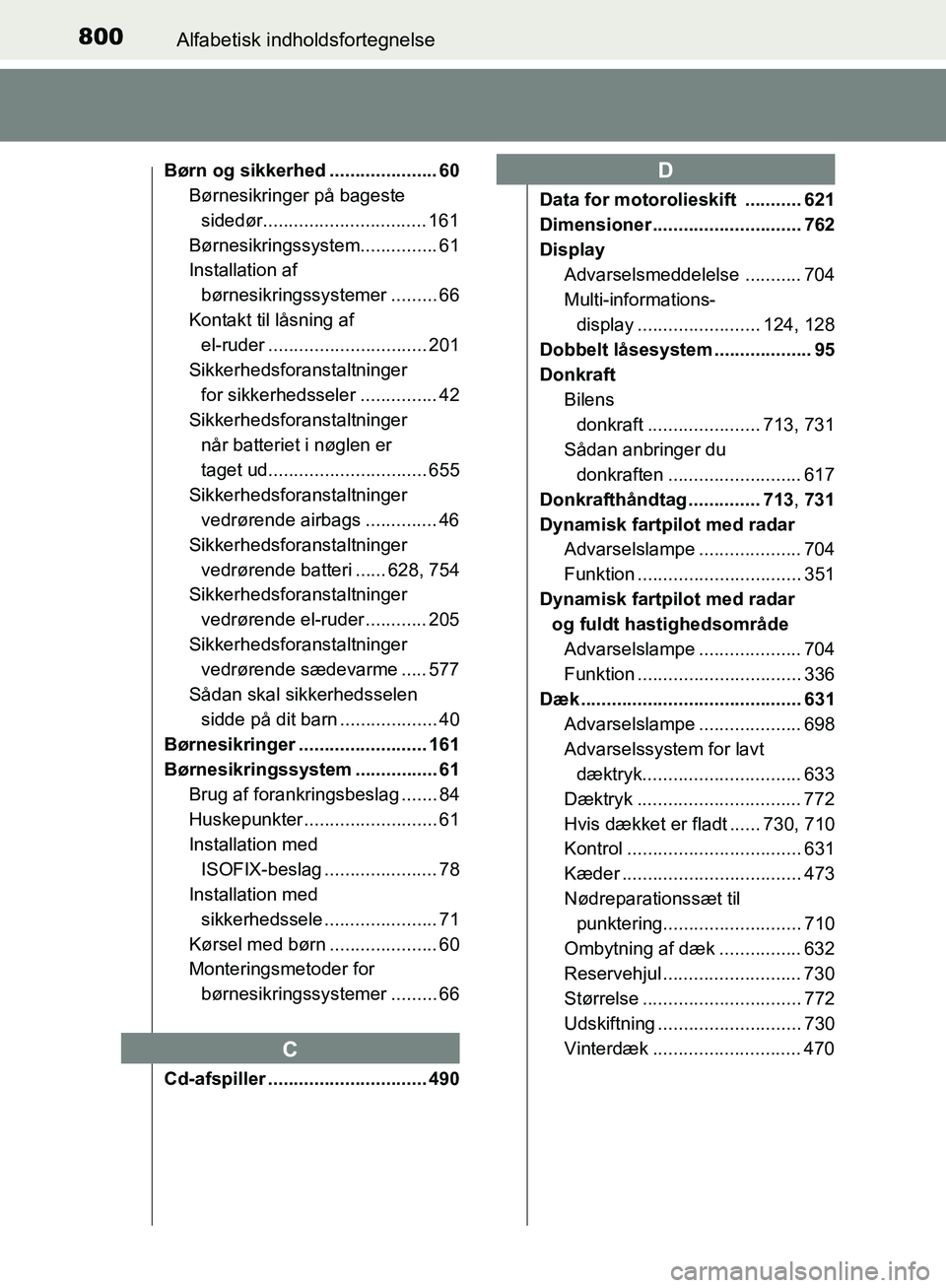 TOYOTA C-HR 2016 Brugsanvisning (in Danish) 800Alfabetisk indholdsfortegnelse
OM10528DK_C-HR
Børn og sikkerhed ..................... 60Børnesikringer på bageste
sidedør................................ 161
Børnesikringssystem ............. TOYOTA C-HR 2016 Brugsanvisning (in Danish) 800Alfabetisk indholdsfortegnelse
OM10528DK_C-HR
Børn og sikkerhed ..................... 60Børnesikringer på bageste
sidedør................................ 161
Børnesikringssystem .............