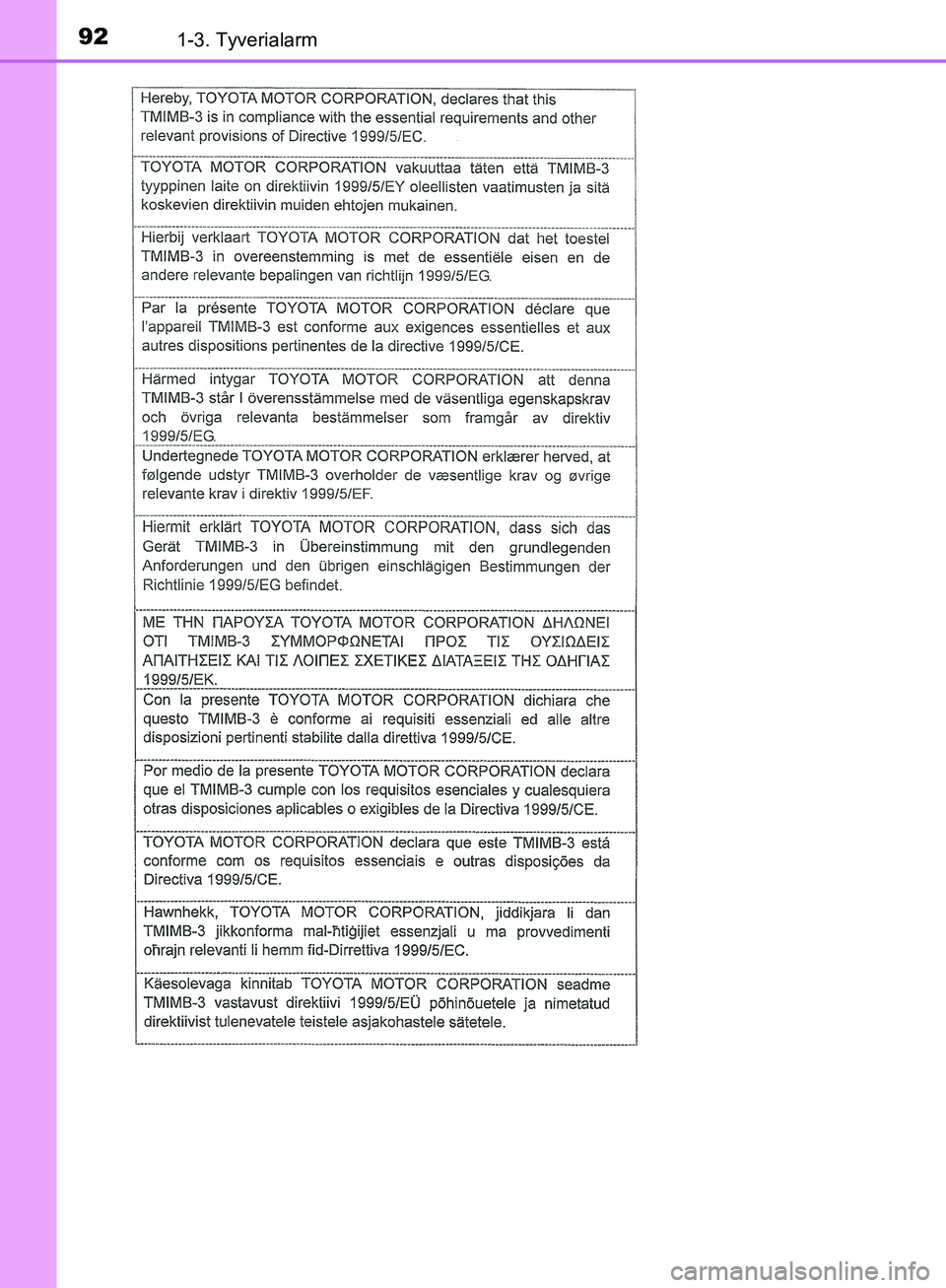TOYOTA C-HR 2016  Brugsanvisning (in Danish) 921-3. Tyverialarm
OM10528DK_C-HR
OM10528DK.book  Page 92  Tuesday, December 6, 2016  12:29 PM 