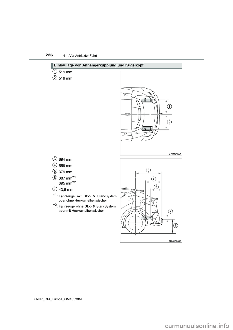 TOYOTA C-HR 2016 Betriebsanleitungen (in German) 2264-1. Vor Antritt der Fahrt
C-HR_OM_Europe_OM10530M
519 mm
519 mm
894 mm
559 mm
379 mm
387 mm*1
395 mm*2
43,6 mm
*1 : Fahrzeuge mit Stop & Start-System
oder ohne Heckscheibenwischer
*2 : Fahrze TOYOTA C-HR 2016 Betriebsanleitungen (in German) 2264-1. Vor Antritt der Fahrt
C-HR_OM_Europe_OM10530M
519 mm
519 mm
894 mm
559 mm
379 mm
387 mm*1
395 mm*2
43,6 mm
*1 : Fahrzeuge mit Stop & Start-System
oder ohne Heckscheibenwischer
*2 : Fahrze