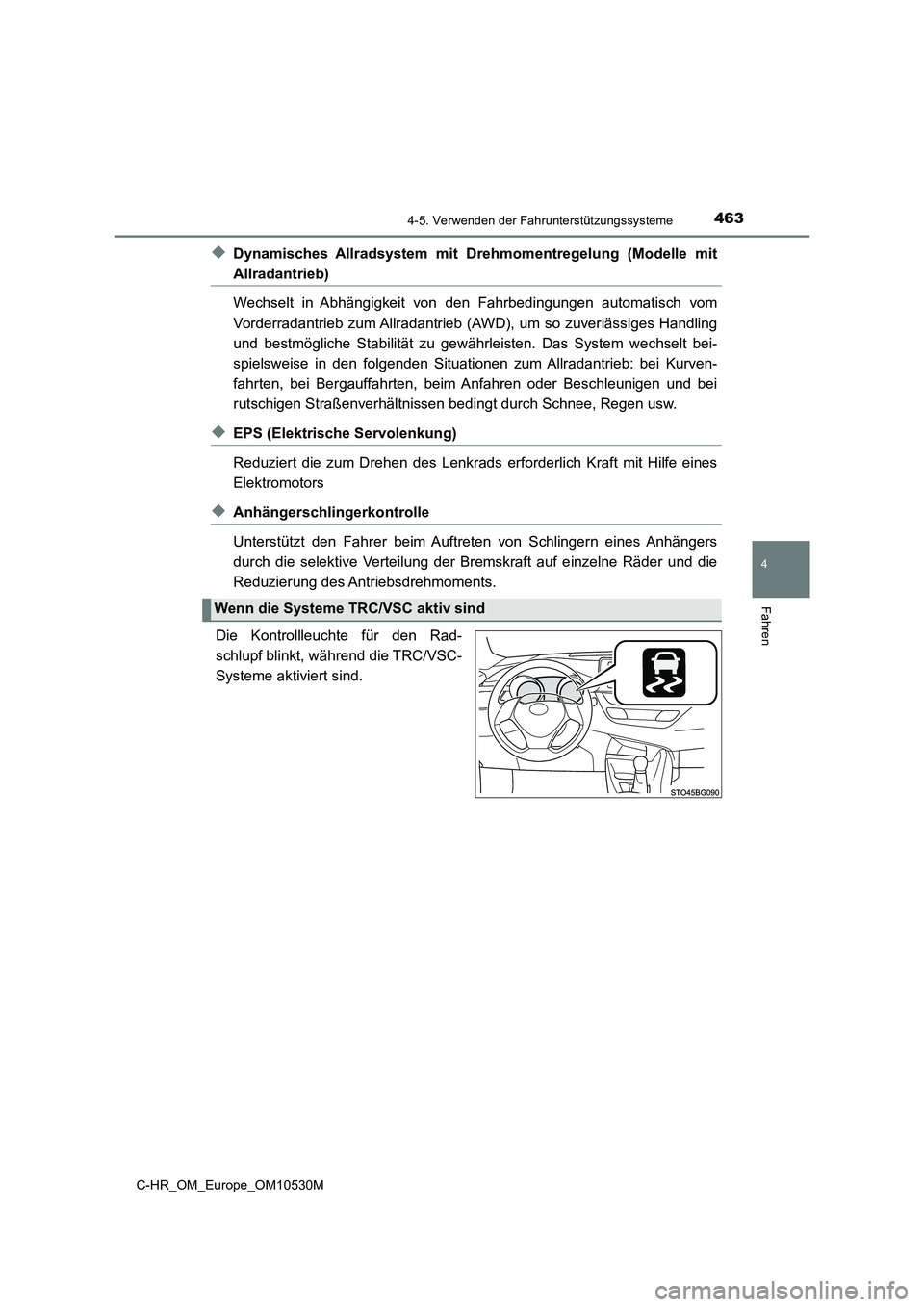 TOYOTA C-HR 2017 Betriebsanleitungen (in German) 4634-5. Verwenden der Fahrunterstützungssysteme
4
Fahren
C-HR_OM_Europe_OM10530M
◆Dynamisches Allradsystem mit Drehmomentregelung (Modelle mit
Allradantrieb)
Wechselt in Abhängigkeit von den Fahr TOYOTA C-HR 2017 Betriebsanleitungen (in German) 4634-5. Verwenden der Fahrunterstützungssysteme
4
Fahren
C-HR_OM_Europe_OM10530M
◆Dynamisches Allradsystem mit Drehmomentregelung (Modelle mit
Allradantrieb)
Wechselt in Abhängigkeit von den Fahr