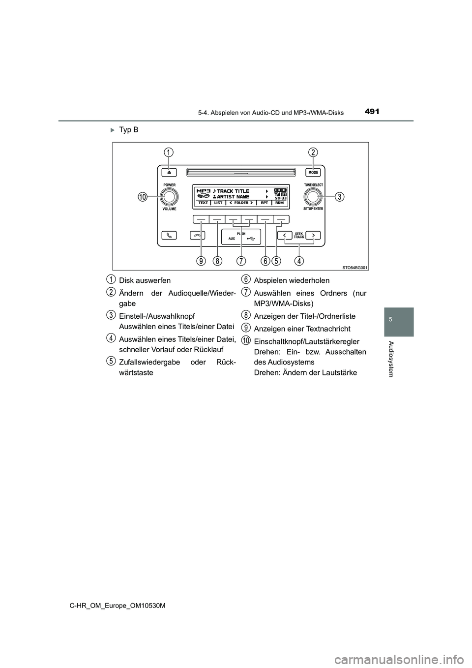 TOYOTA C-HR 2017 Betriebsanleitungen (in German) 4915-4. Abspielen von Audio-CD und MP3-/WMA-Disks
5
Audiosystem
C-HR_OM_Europe_OM10530M
Ty p B
Disk auswerfen
Ändern der Audioquelle/Wieder-
gabe
Einstell-/Auswahlknopf
Auswählen eines Titel TOYOTA C-HR 2017 Betriebsanleitungen (in German) 4915-4. Abspielen von Audio-CD und MP3-/WMA-Disks
5
Audiosystem
C-HR_OM_Europe_OM10530M
Ty p B
Disk auswerfen
Ändern der Audioquelle/Wieder-
gabe
Einstell-/Auswahlknopf
Auswählen eines Titel