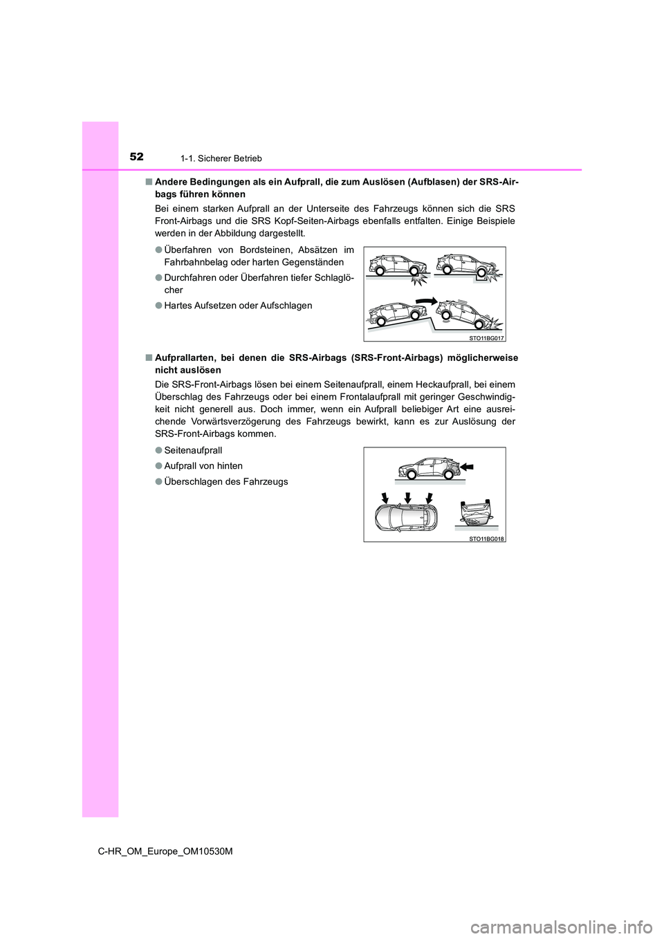 TOYOTA C-HR 2016  Betriebsanleitungen (in German) 521-1. Sicherer Betrieb
C-HR_OM_Europe_OM10530M 
■ Andere Bedingungen als ein Aufprall, die zum Auslösen (Aufblasen) der SRS-Air- 
bags führen können  
Bei einem starken Aufprall an der Unterseit