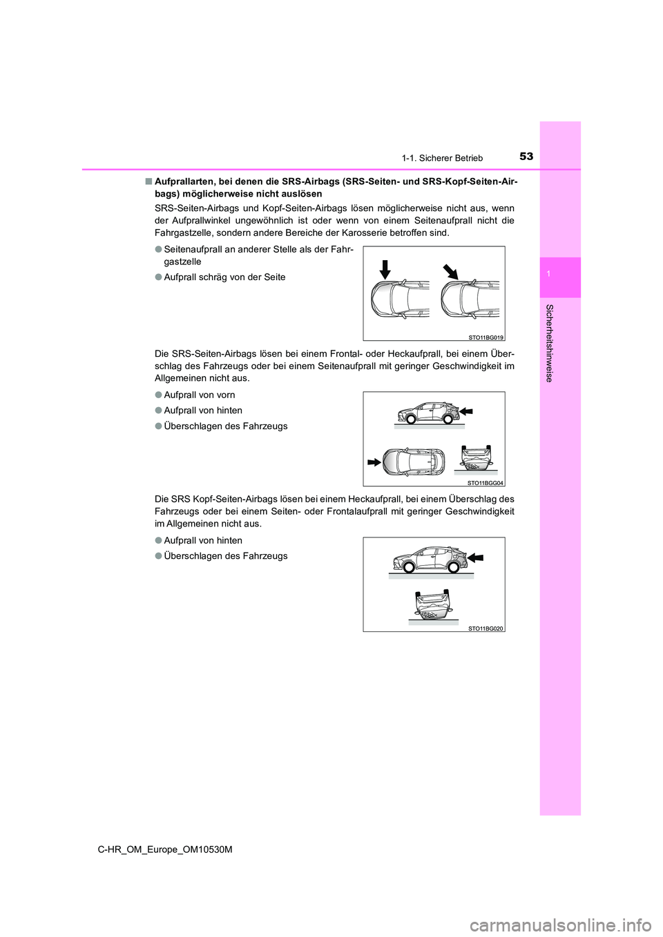 TOYOTA C-HR 2016  Betriebsanleitungen (in German) 531-1. Sicherer Betrieb
1
Sicherheitshinweise
C-HR_OM_Europe_OM10530M 
■ Aufprallarten, bei denen die SRS-Airbags (SRS-Seiten- und SRS-Kopf-Seiten-Air- 
bags) möglicherweise nicht auslösen 
SRS-Se