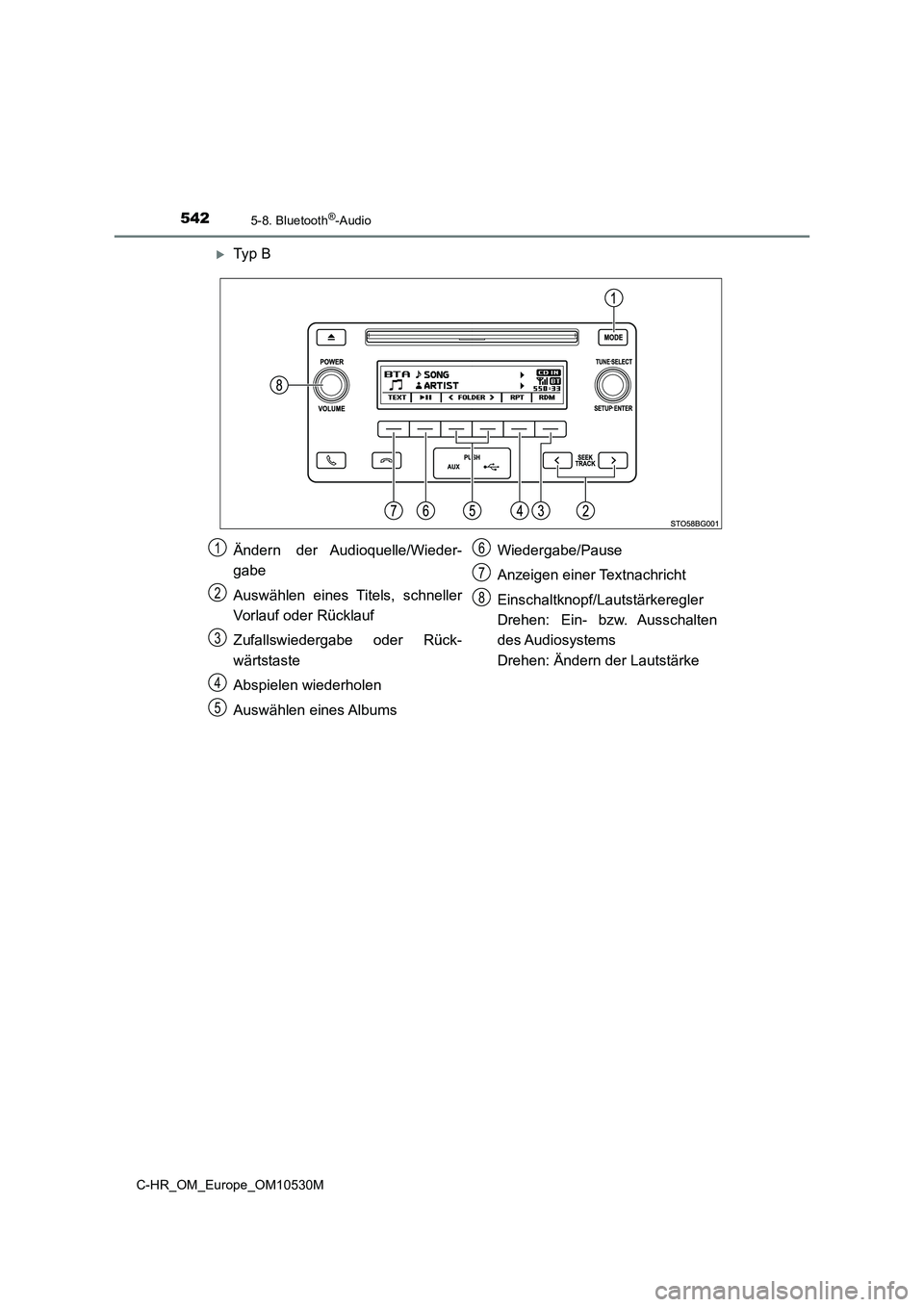TOYOTA C-HR 2016 Betriebsanleitungen (in German) 5425-8. Bluetooth®-Audio
C-HR_OM_Europe_OM10530M
Ty p B
Ändern der Audioquelle/Wieder-
gabe
Auswählen eines Titels, schneller
Vorlauf oder Rücklauf
Zufallswiedergabe oder Rück-
wärtsta TOYOTA C-HR 2016 Betriebsanleitungen (in German) 5425-8. Bluetooth®-Audio
C-HR_OM_Europe_OM10530M
Ty p B
Ändern der Audioquelle/Wieder-
gabe
Auswählen eines Titels, schneller
Vorlauf oder Rücklauf
Zufallswiedergabe oder Rück-
wärtsta