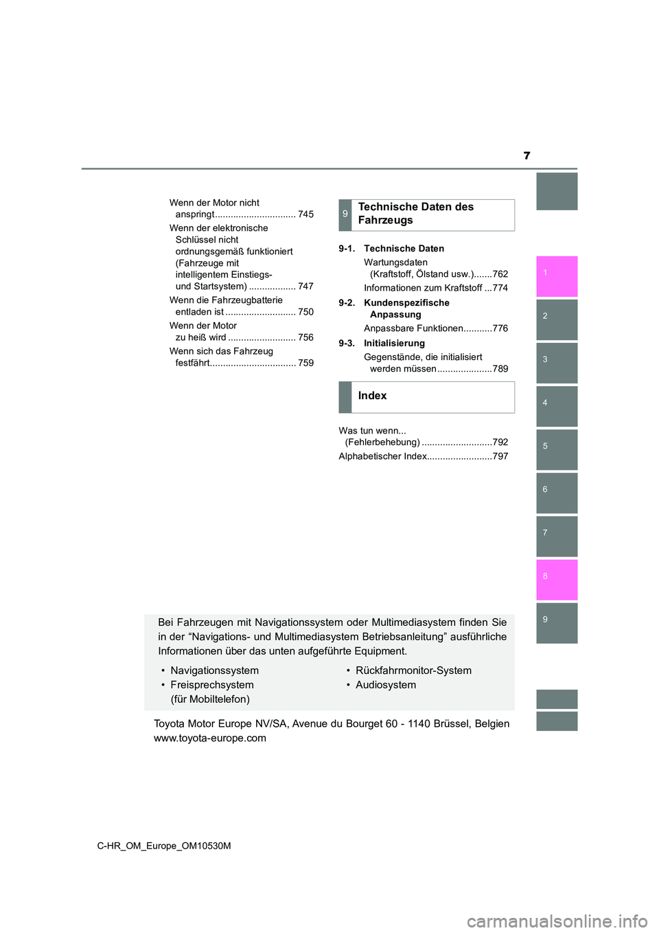 TOYOTA C-HR 2016  Betriebsanleitungen (in German) 7
1 
9 
8
7 
5 
4
3
2
C-HR_OM_Europe_OM10530M
6
Wenn der Motor nicht  
anspringt ............................... 745 
Wenn der elektronische  
Schlüssel nicht  
ordnungsgemäß funktioniert  
(Fahrze