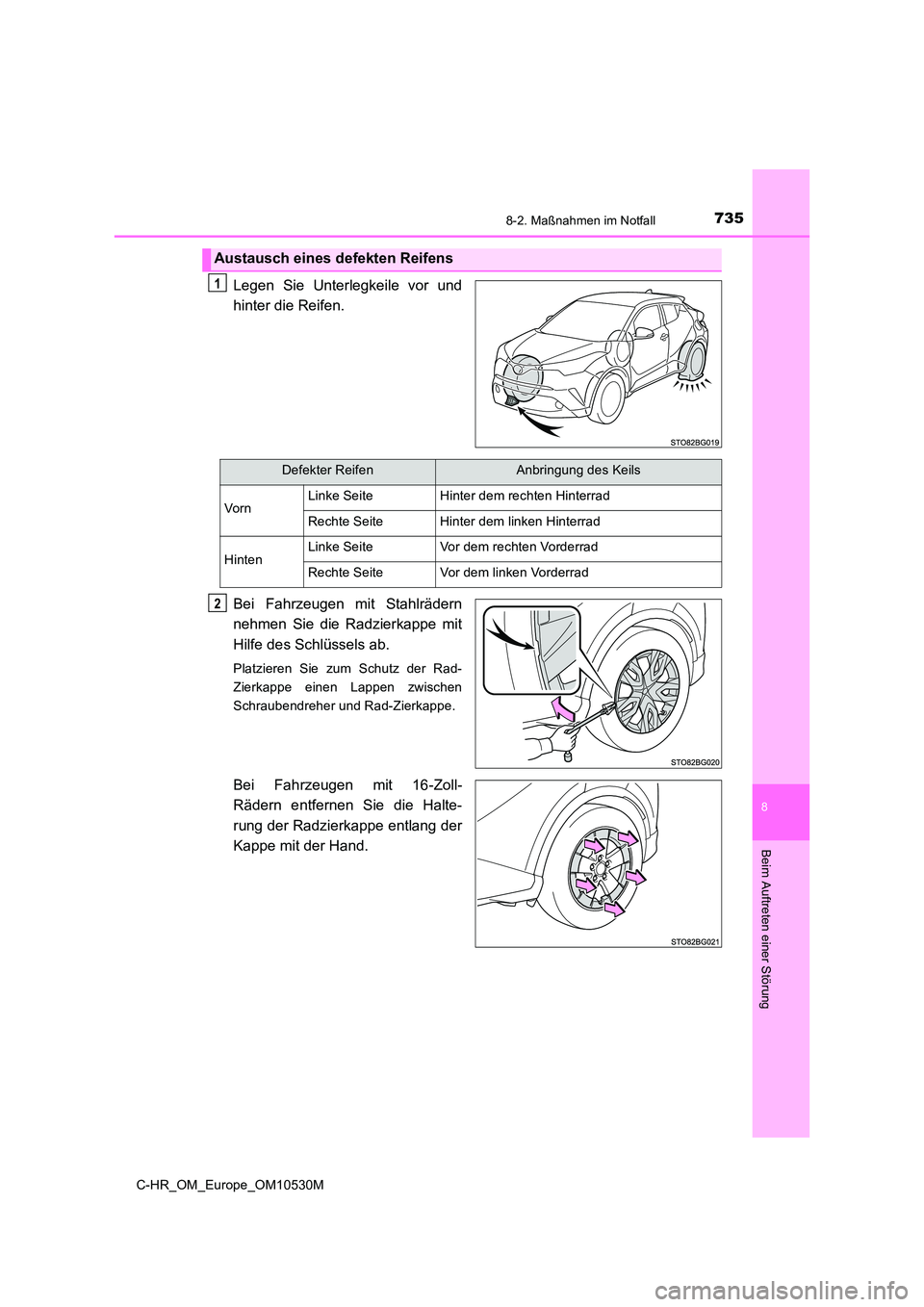 TOYOTA C-HR 2016  Betriebsanleitungen (in German) 7358-2. Maßnahmen im Notfall
8
Beim Auftreten einer Störung
C-HR_OM_Europe_OM10530M
Legen Sie Unterlegkeile vor und 
hinter die Reifen. 
Bei Fahrzeugen mit Stahlrädern 
nehmen Sie die Radzierkappe 