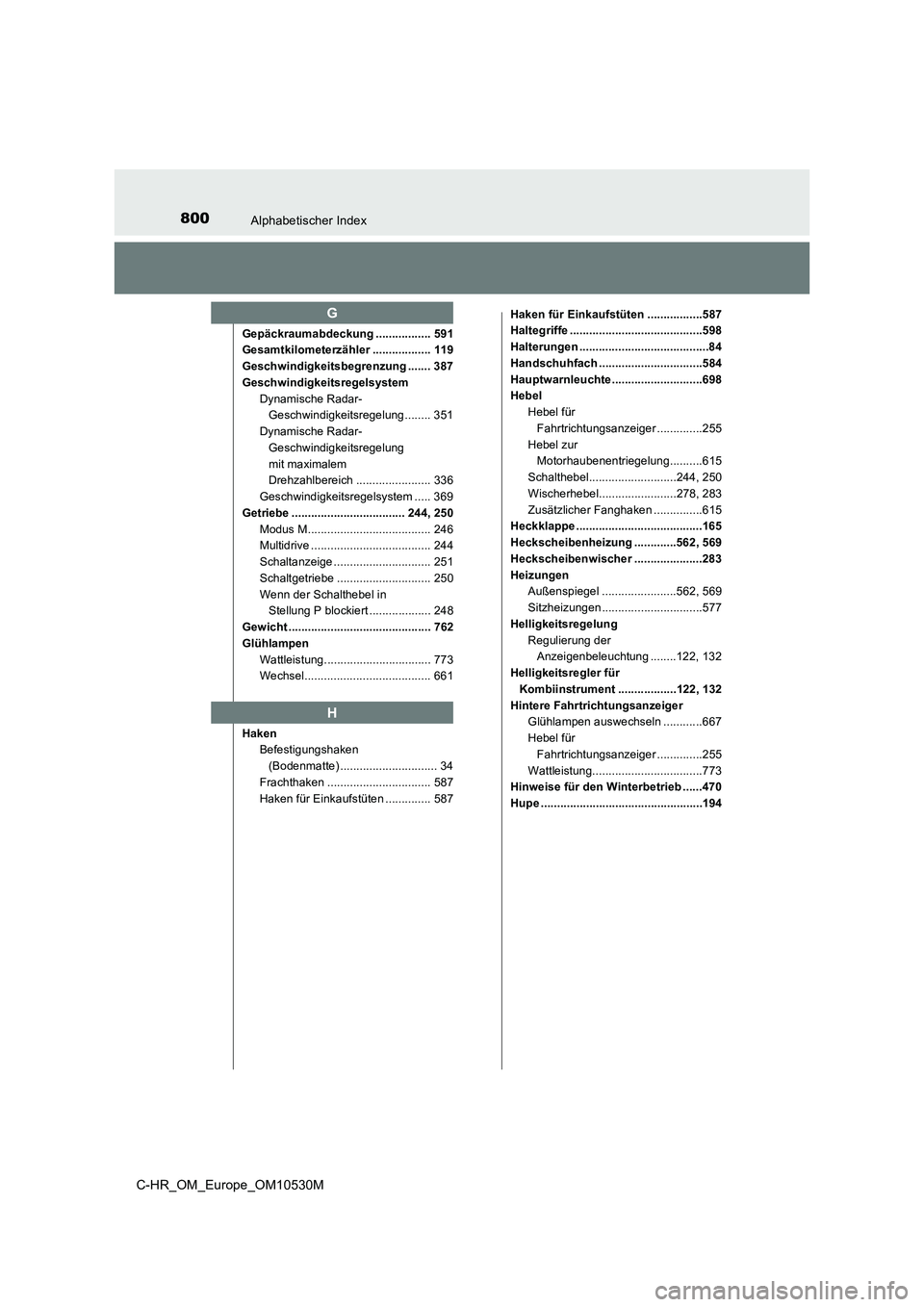 TOYOTA C-HR 2016  Betriebsanleitungen (in German) 800Alphabetischer Index
C-HR_OM_Europe_OM10530M
Gepäckraumabdeckung ................. 591 
Gesamtkilometerzähler .................. 119 
Geschwindigkeitsbegrenzung ....... 387 
Geschwindigkeitsregel