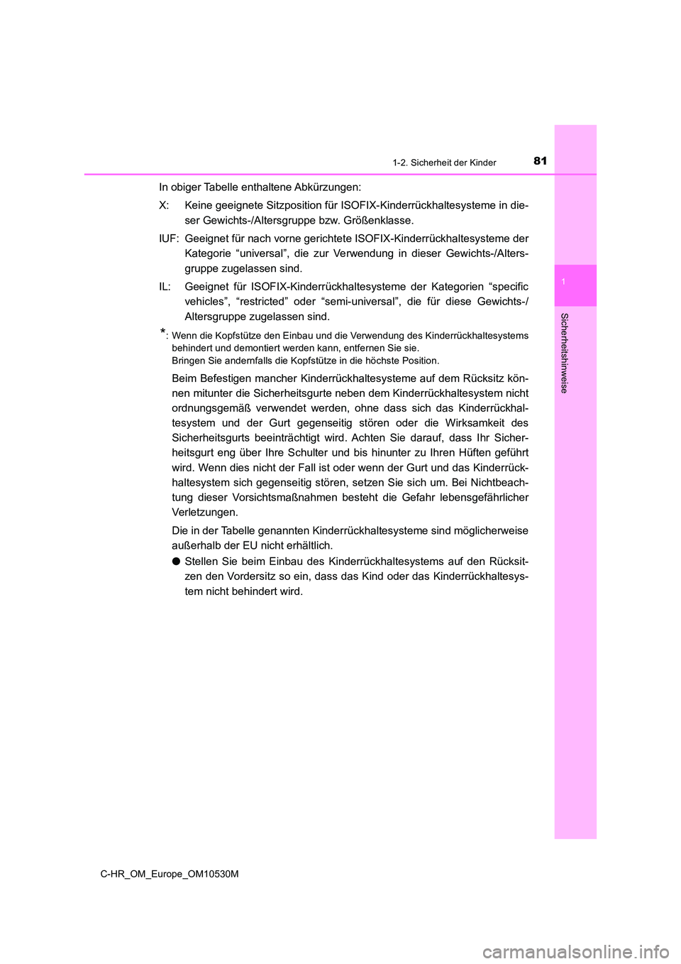 TOYOTA C-HR 2016  Betriebsanleitungen (in German) 811-2. Sicherheit der Kinder
1
Sicherheitshinweise
C-HR_OM_Europe_OM10530M
In obiger Tabelle enthaltene Abkürzungen: 
X: Keine geeignete Sitzposition für ISOFIX-Kinderrückhaltesysteme in die- 
ser 