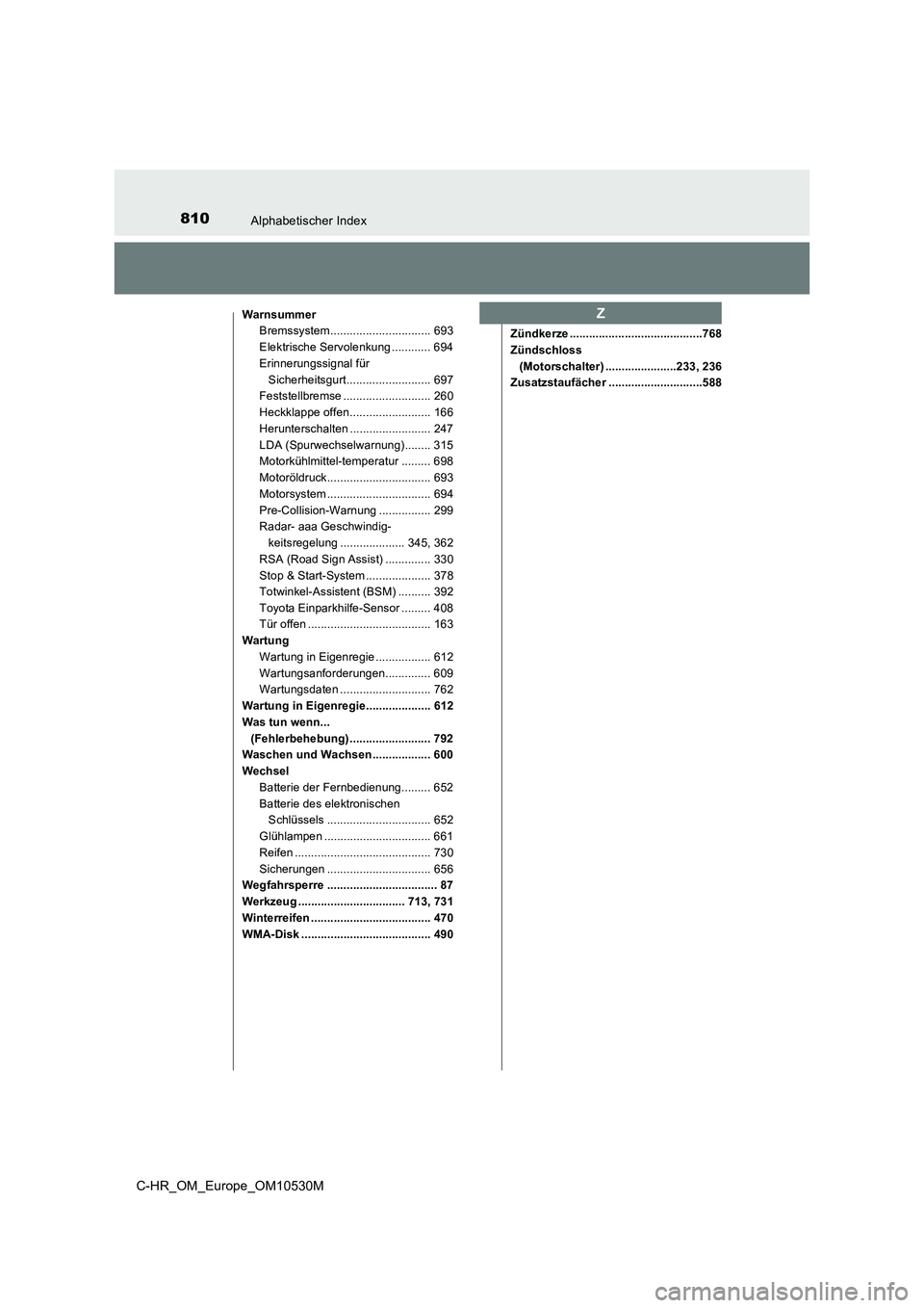 TOYOTA C-HR 2016  Betriebsanleitungen (in German) 810Alphabetischer Index
C-HR_OM_Europe_OM10530M
WarnsummerBremssystem............................... 693
Elektrische Servolenkung ............ 694
Erinnerungssignal für 
Sicherheitsgurt..............