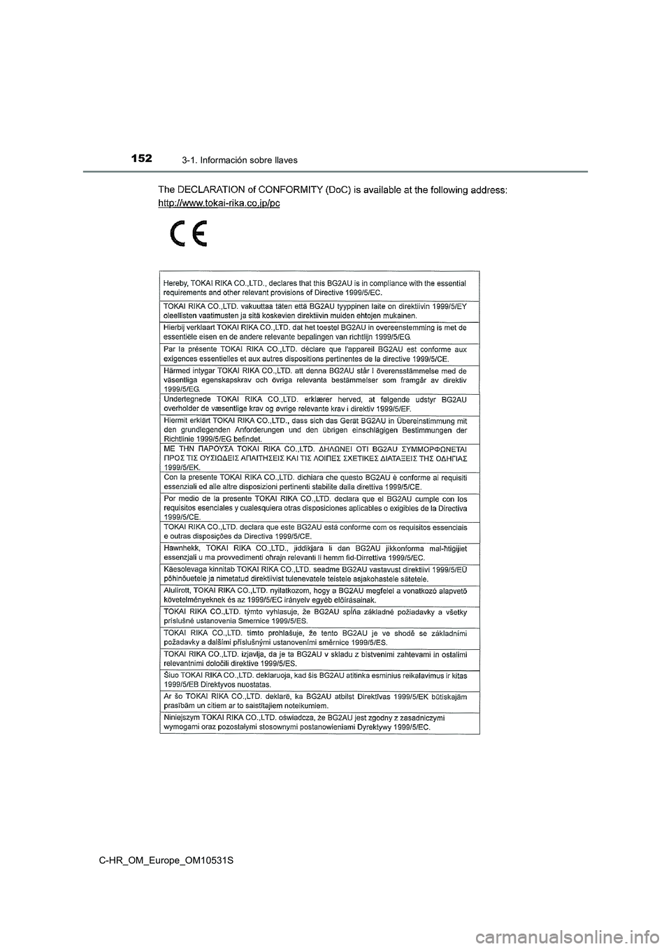 TOYOTA C-HR 2016 Manual del propietario (in Spanish) 1523-1. Información sobre llaves
C-HR_OM_Europe_OM10531S TOYOTA C-HR 2016 Manual del propietario (in Spanish) 1523-1. Información sobre llaves
C-HR_OM_Europe_OM10531S