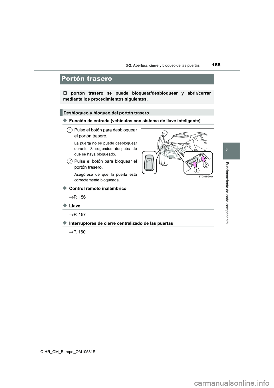TOYOTA C-HR 2016 Manual del propietario (in Spanish) 165
3
3-2. Apertura, cierre y bloqueo de las puertas
Funcionamiento de cada componente
C-HR_OM_Europe_OM10531S
Portón trasero
◆Función de entrada (vehículos con sistema de llave inteligente)
Pul TOYOTA C-HR 2016 Manual del propietario (in Spanish) 165
3
3-2. Apertura, cierre y bloqueo de las puertas
Funcionamiento de cada componente
C-HR_OM_Europe_OM10531S
Portón trasero
◆Función de entrada (vehículos con sistema de llave inteligente)
Pul