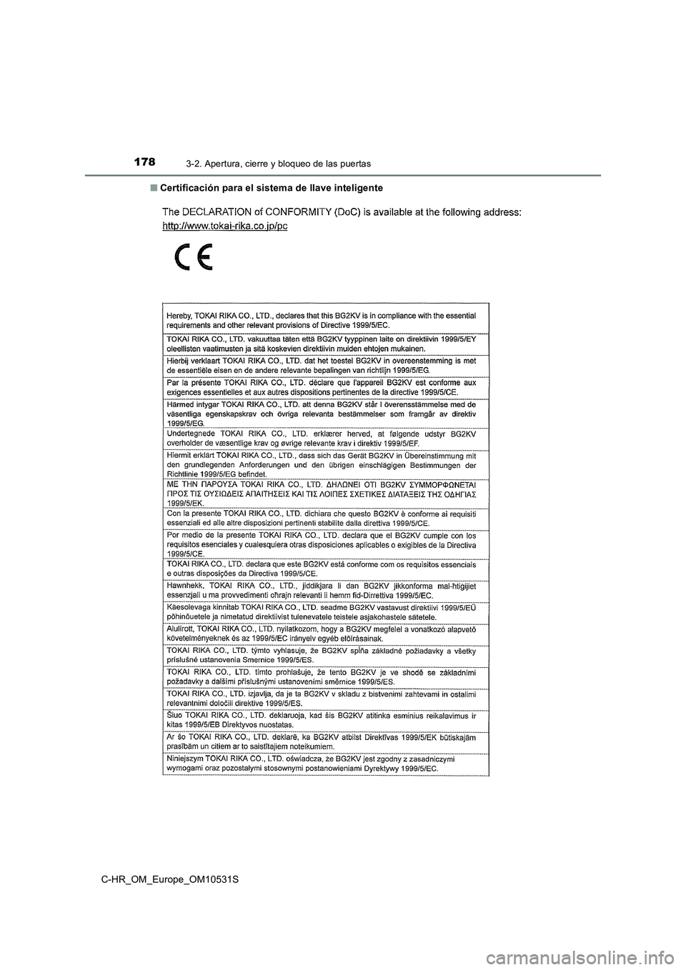 TOYOTA C-HR 2016 Manual del propietario (in Spanish) 1783-2. Apertura, cierre y bloqueo de las puertas
C-HR_OM_Europe_OM10531S
■ Certificación para el sistema de llave inteligente TOYOTA C-HR 2016 Manual del propietario (in Spanish) 1783-2. Apertura, cierre y bloqueo de las puertas
C-HR_OM_Europe_OM10531S
■ Certificación para el sistema de llave inteligente