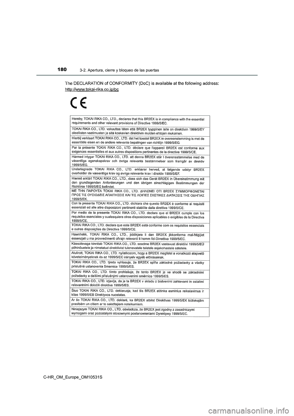 TOYOTA C-HR 2016 Manual del propietario (in Spanish) 1803-2. Apertura, cierre y bloqueo de las puertas
C-HR_OM_Europe_OM10531S TOYOTA C-HR 2016 Manual del propietario (in Spanish) 1803-2. Apertura, cierre y bloqueo de las puertas
C-HR_OM_Europe_OM10531S