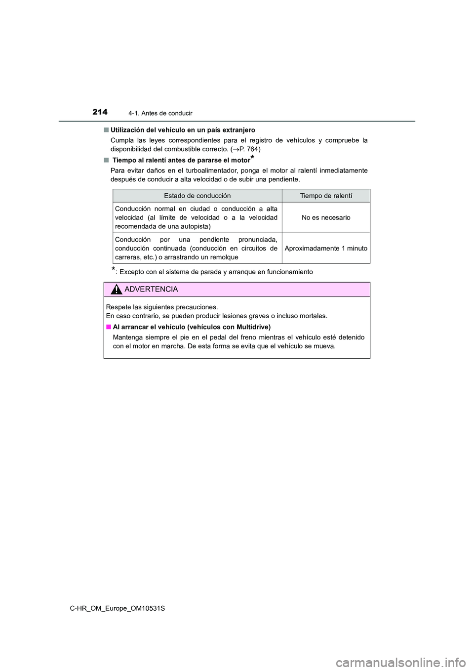 TOYOTA C-HR 2016 Manual del propietario (in Spanish) 2144-1. Antes de conducir
C-HR_OM_Europe_OM10531S
■ Utilización del vehículo en un país extranjero
Cumpla las leyes correspondientes para el registro de vehículos y compruebe la
disponibilida TOYOTA C-HR 2016 Manual del propietario (in Spanish) 2144-1. Antes de conducir
C-HR_OM_Europe_OM10531S
■ Utilización del vehículo en un país extranjero
Cumpla las leyes correspondientes para el registro de vehículos y compruebe la
disponibilida