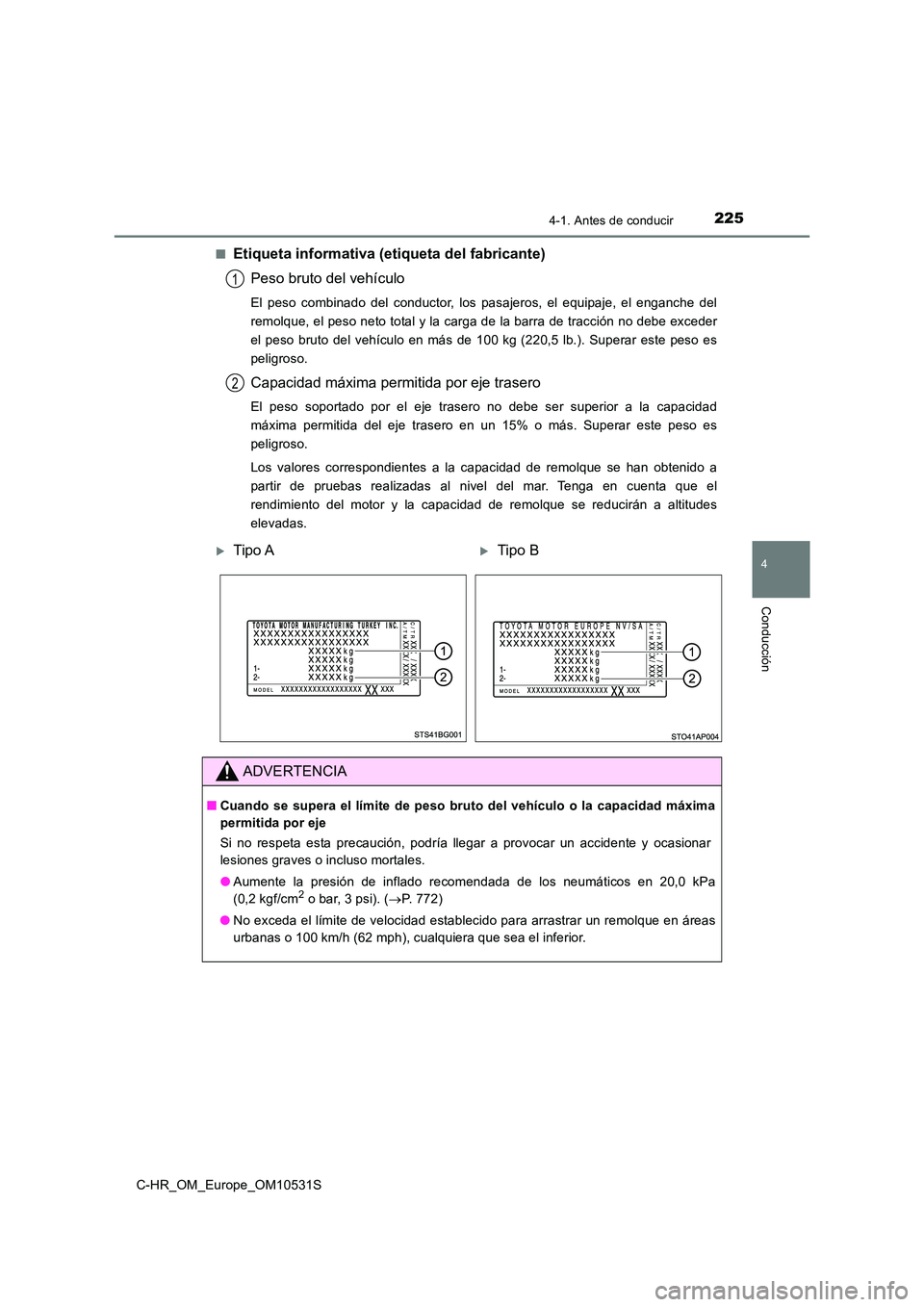 TOYOTA C-HR 2016 Manual del propietario (in Spanish) 2254-1. Antes de conducir
4
Conducción
C-HR_OM_Europe_OM10531S
■Etiqueta informativa (etiqueta del fabricante)
Peso bruto del vehículo
El peso combinado del conductor, los pasajeros, el equipaje TOYOTA C-HR 2016 Manual del propietario (in Spanish) 2254-1. Antes de conducir
4
Conducción
C-HR_OM_Europe_OM10531S
■Etiqueta informativa (etiqueta del fabricante)
Peso bruto del vehículo
El peso combinado del conductor, los pasajeros, el equipaje
