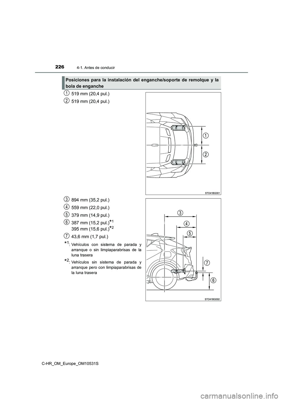 TOYOTA C-HR 2016 Manual del propietario (in Spanish) 2264-1. Antes de conducir
C-HR_OM_Europe_OM10531S
519 mm (20,4 pul.)
519 mm (20,4 pul.)
894 mm (35,2 pul.)
559 mm (22,0 pul.)
379 mm (14,9 pul.)
387 mm (15,2 pul.)*1
395 mm (15,6 pul.)*2
43,6 mm TOYOTA C-HR 2016 Manual del propietario (in Spanish) 2264-1. Antes de conducir
C-HR_OM_Europe_OM10531S
519 mm (20,4 pul.)
519 mm (20,4 pul.)
894 mm (35,2 pul.)
559 mm (22,0 pul.)
379 mm (14,9 pul.)
387 mm (15,2 pul.)*1
395 mm (15,6 pul.)*2
43,6 mm